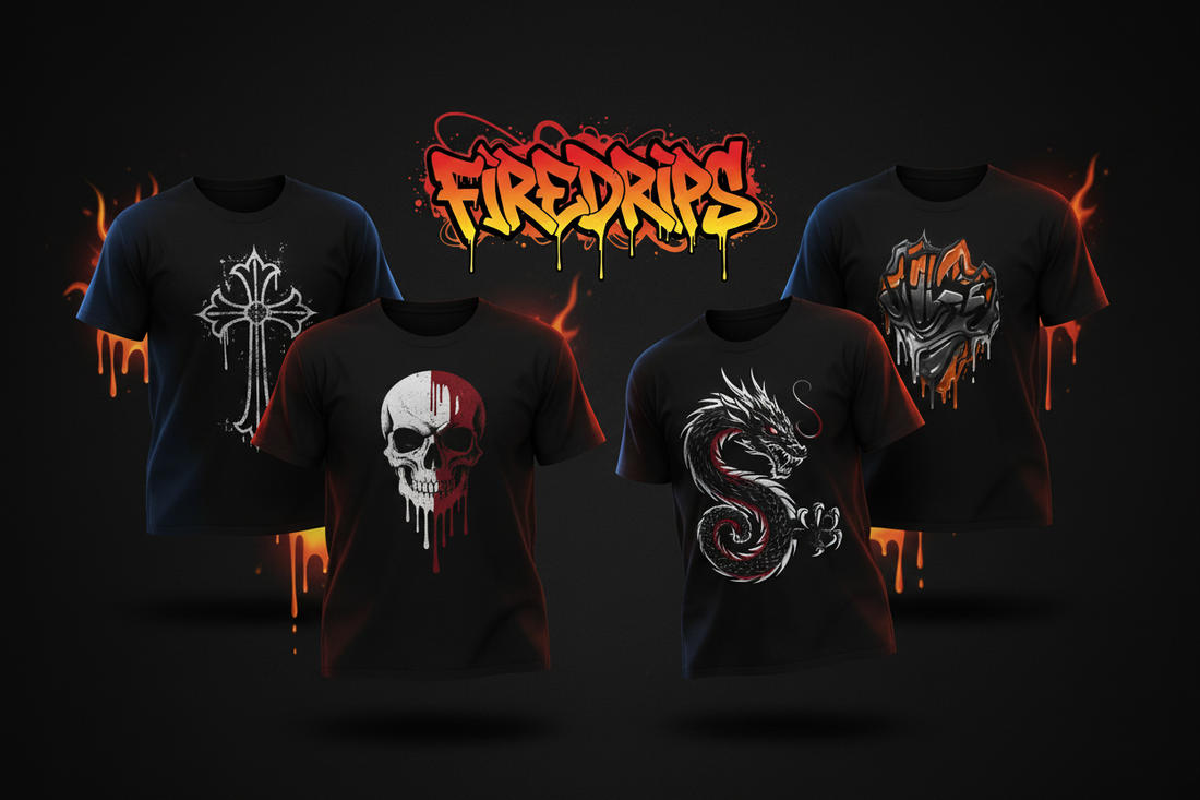 Dark editorial streetwear flat lay featuring FireDrips graphic tees with fire gradient accents and gothic dragon designs