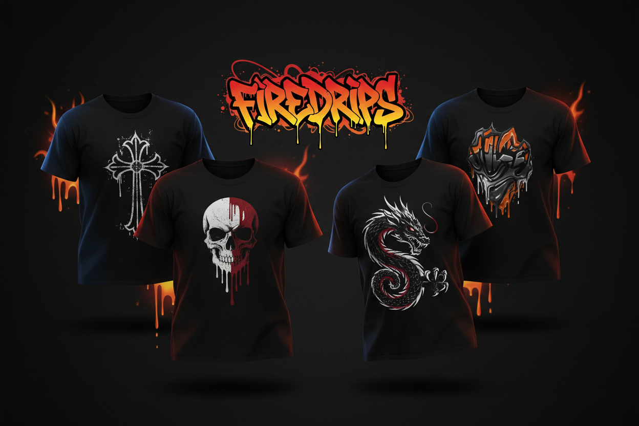 Dark editorial streetwear flat lay featuring FireDrips graphic tees with fire gradient accents and gothic dragon designs