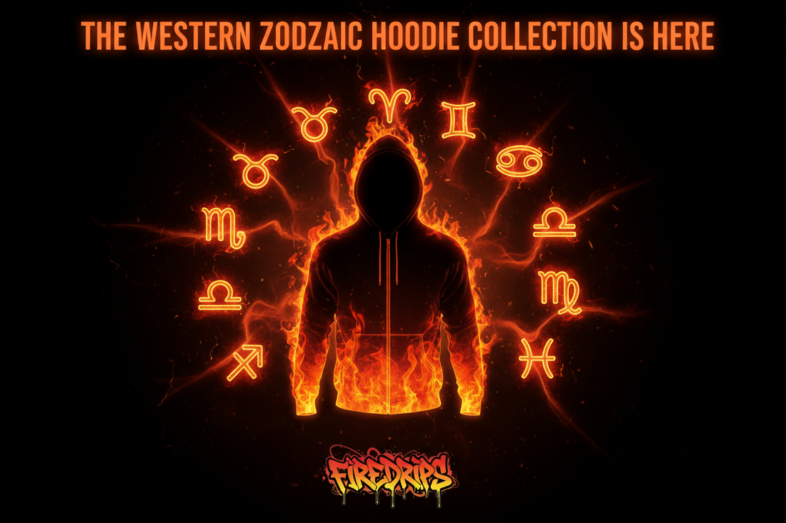 FireDrips Western Zodiac Hoodie Collection — all 12 zodiac signs in neon fire energy with hoodie silhouette, dark background