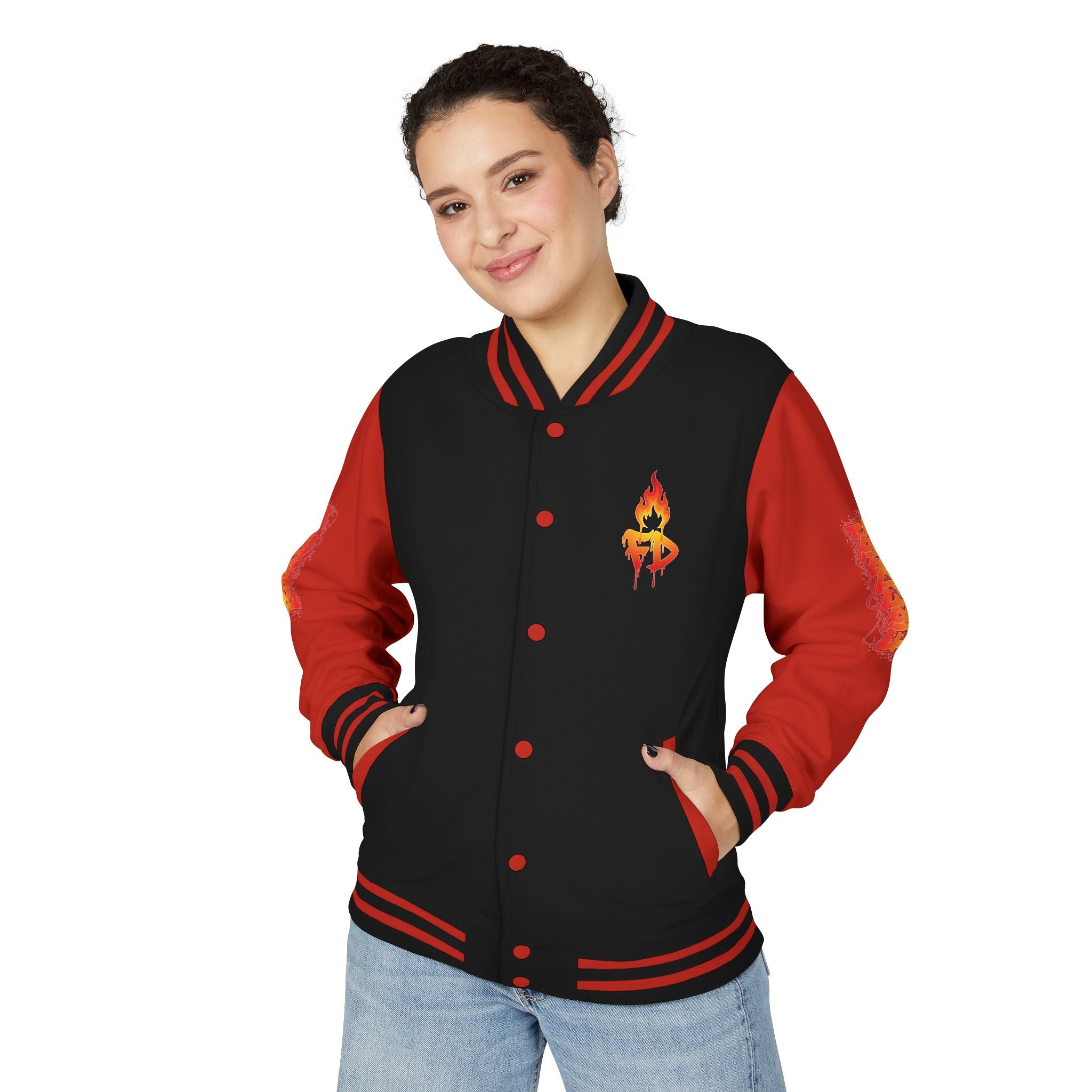 FireDrips Ember Tiger Letterman Jacket — Heavyweight Varsity Jacket, Tiger & Flame Art, 11 Colors, Sizes S–3XL
