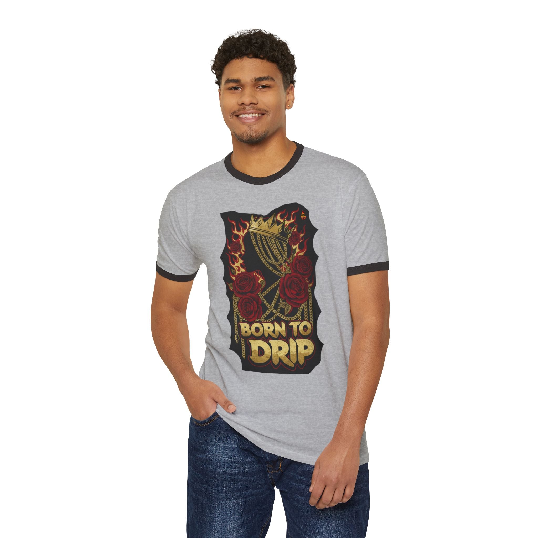 Born to Drip Ringer T-Shirt — Vintage Harp & Roses Graphic Tee