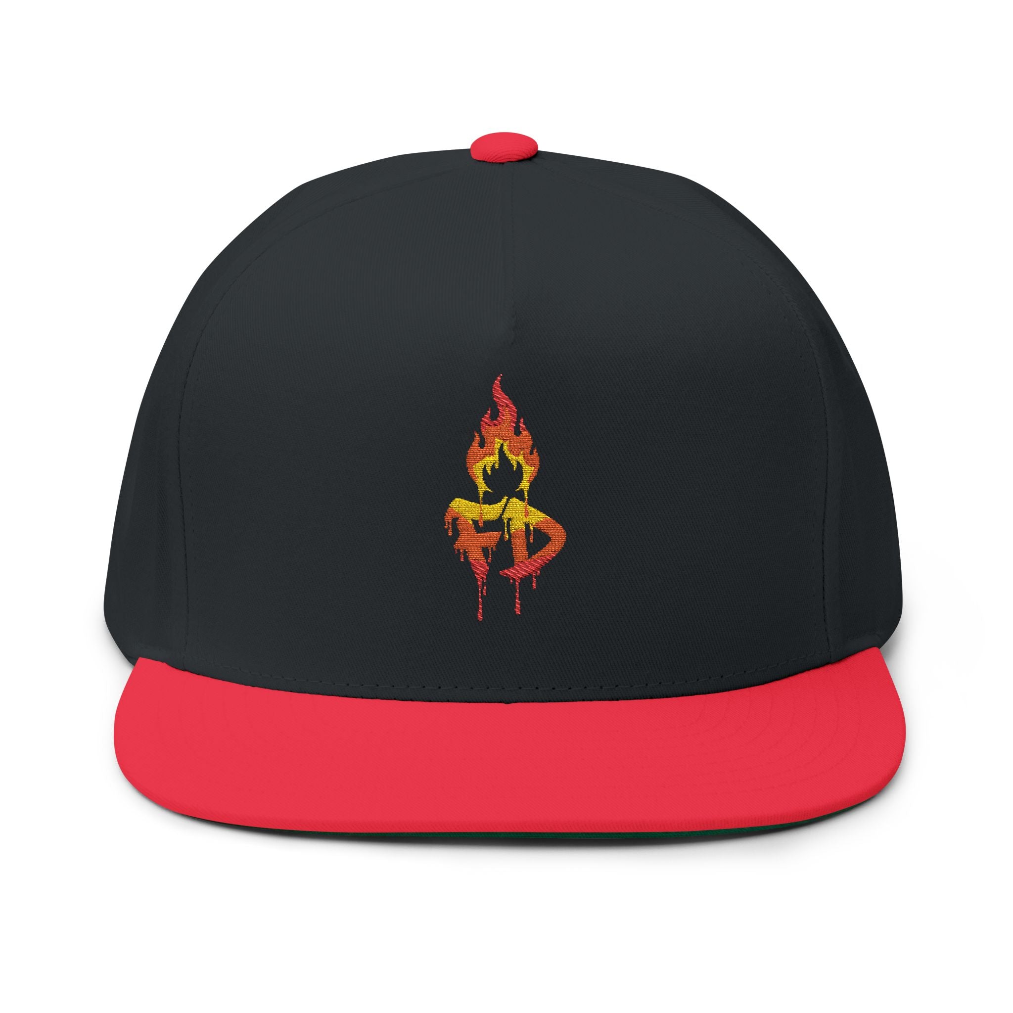 Flame FD Embroidered Flat Bill Snapback Cap — 100% Cotton Twill, Green Undervisor, 6 Colors | FireDrips