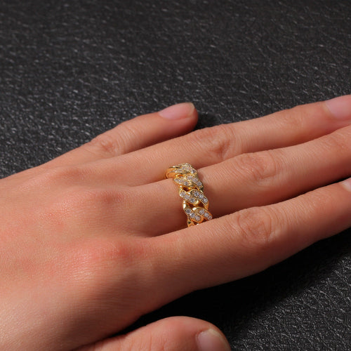 8mm Cuban Link Zirconia Ring — Iced Out CZ Hip-Hop Ring, Gold & Silver Electroplated, Sizes 6–11