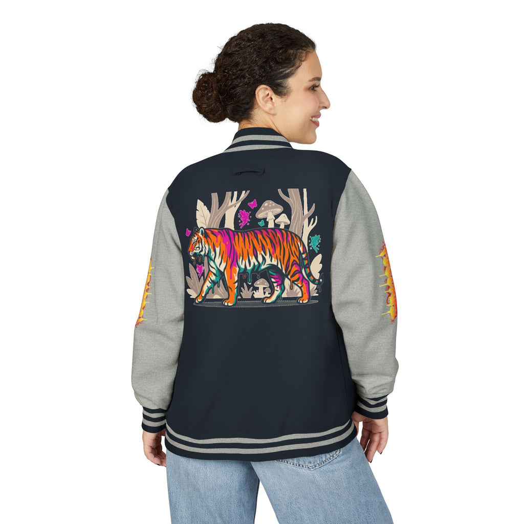 FireDrips Ember Tiger Letterman Jacket — Heavyweight Varsity Jacket, Tiger & Flame Art, 11 Colors, Sizes S–3XL