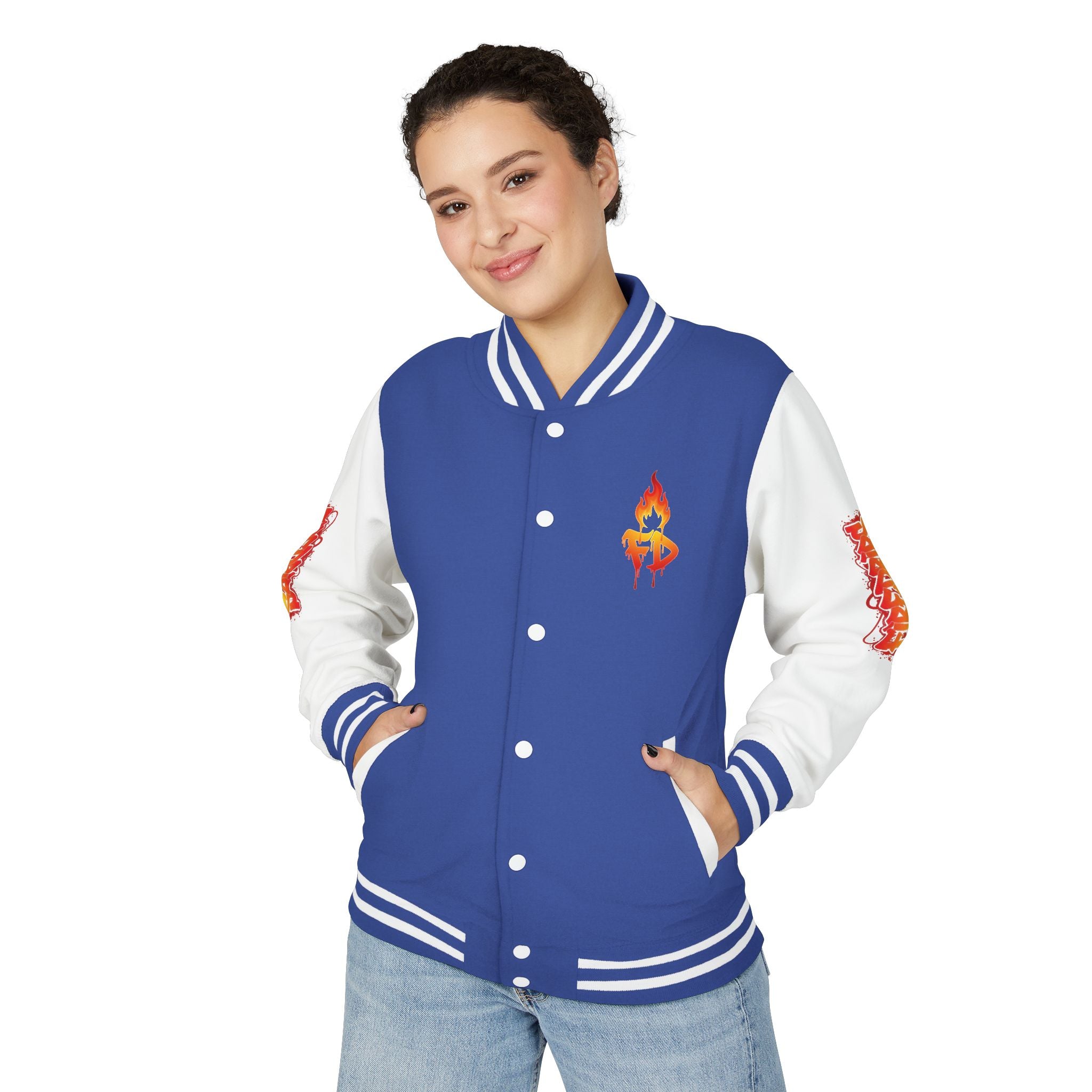 FireDrips Ember Tiger Letterman Jacket — Heavyweight Varsity Jacket, Tiger & Flame Art, 11 Colors, Sizes S–3XL