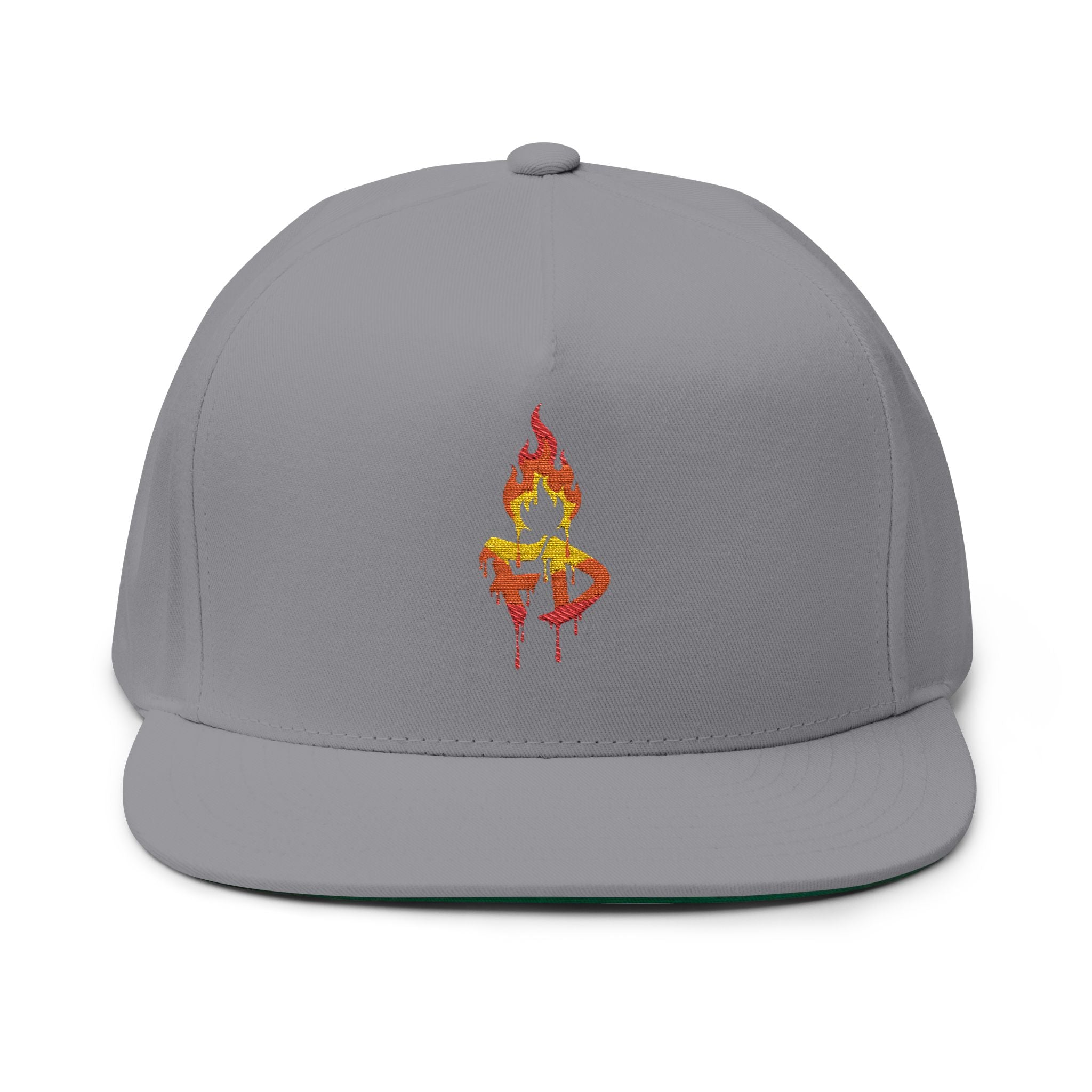 Flame FD Embroidered Flat Bill Snapback Cap — 100% Cotton Twill, Green Undervisor, 6 Colors | FireDrips