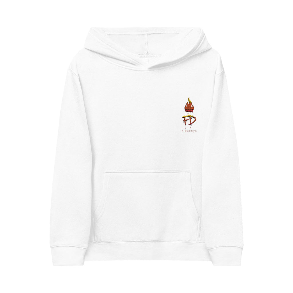 FireDrips FD Flame Kids Hoodie — 7.0 oz Fleece, Embroidered Flame Logo, Unisex Youth Pullover, Sizes S–XL