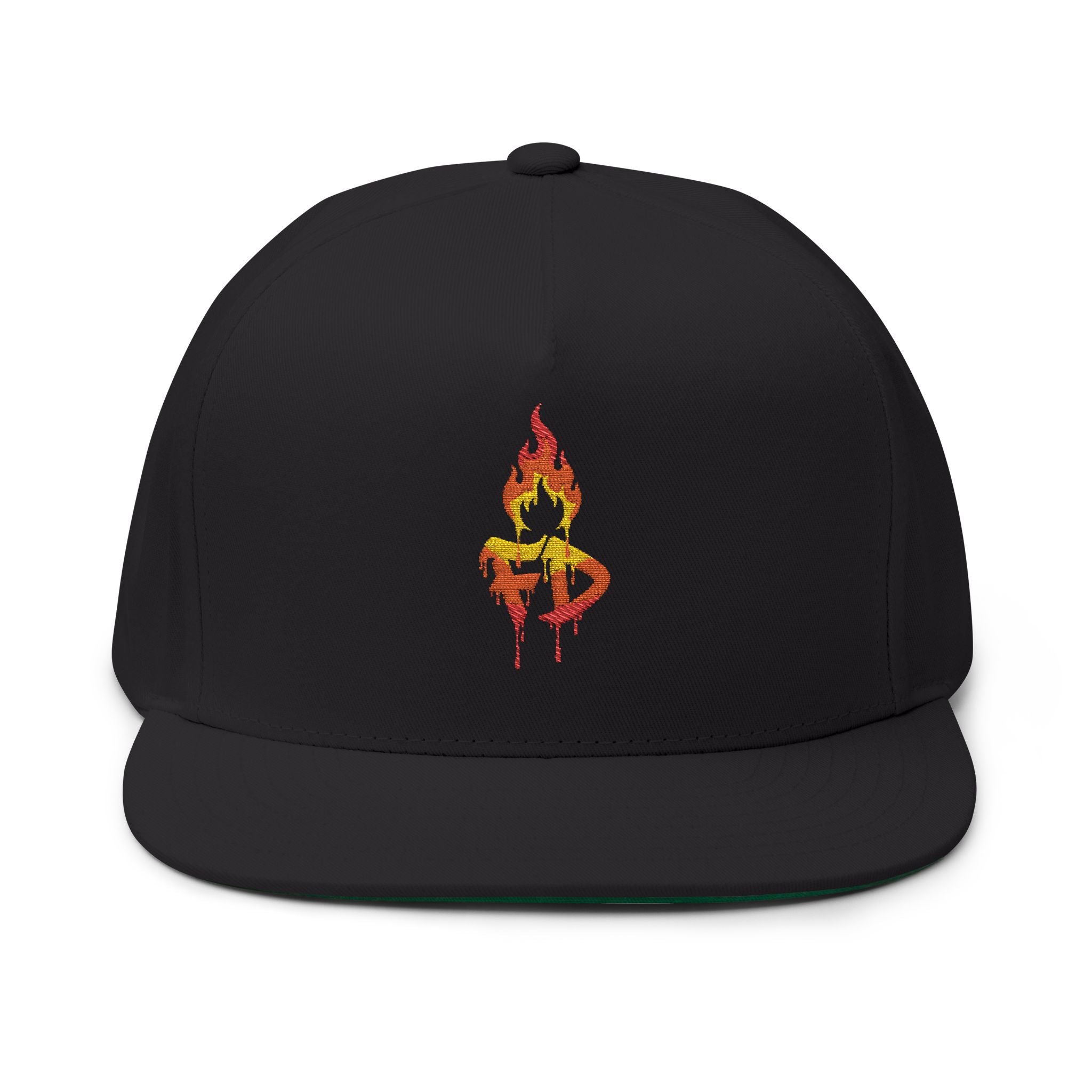 Flame FD Embroidered Flat Bill Snapback Cap — 100% Cotton Twill, Green Undervisor, 6 Colors | FireDrips