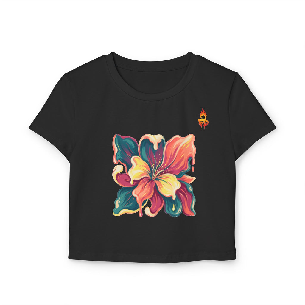 FireDrips Hibiscus Crop Tee — Watercolor Floral Baby Tee | Slim Cropped Organic Cotton Women's Streetwear