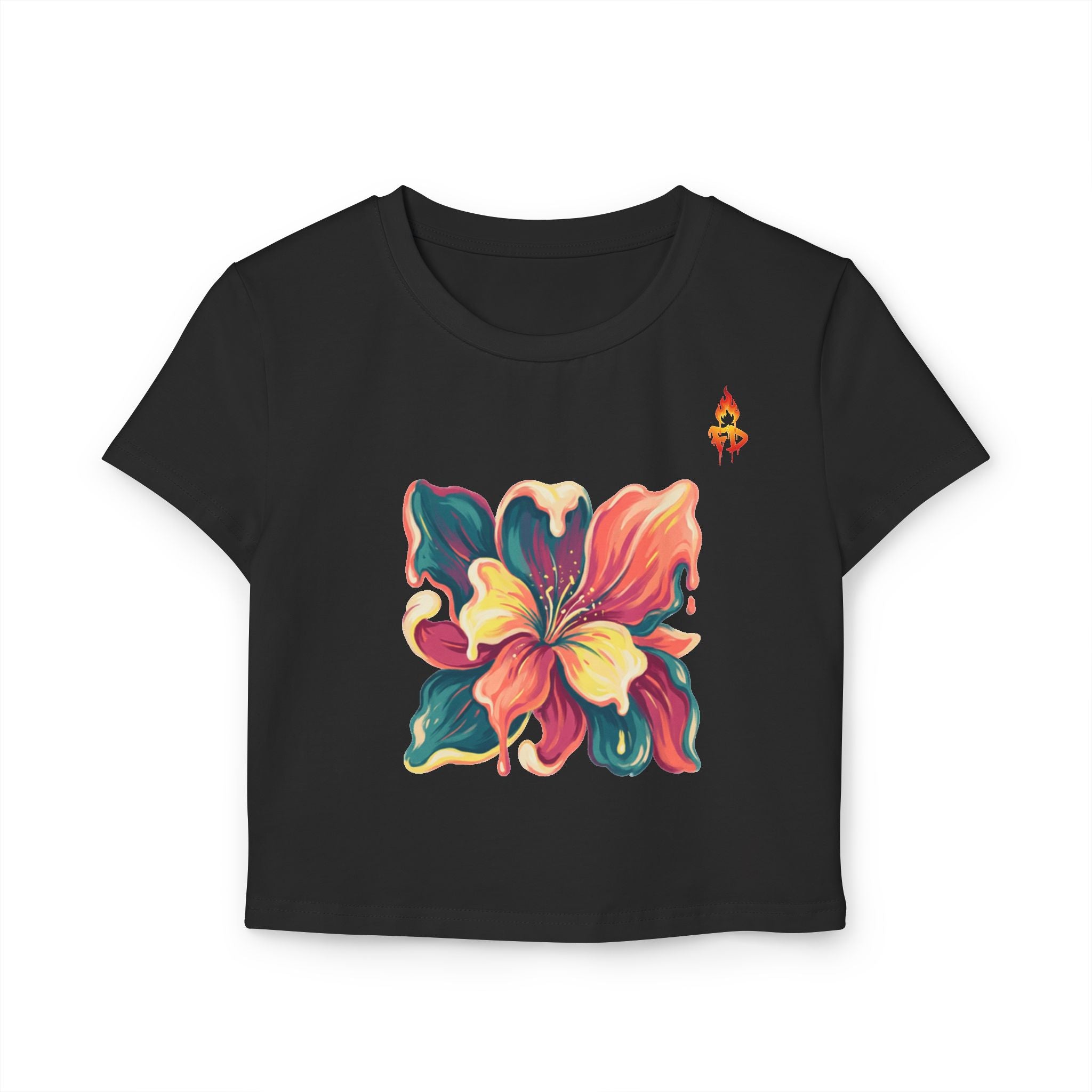 FireDrips Hibiscus Crop Tee — Watercolor Floral Baby Tee | Slim Cropped Organic Cotton Women's Streetwear