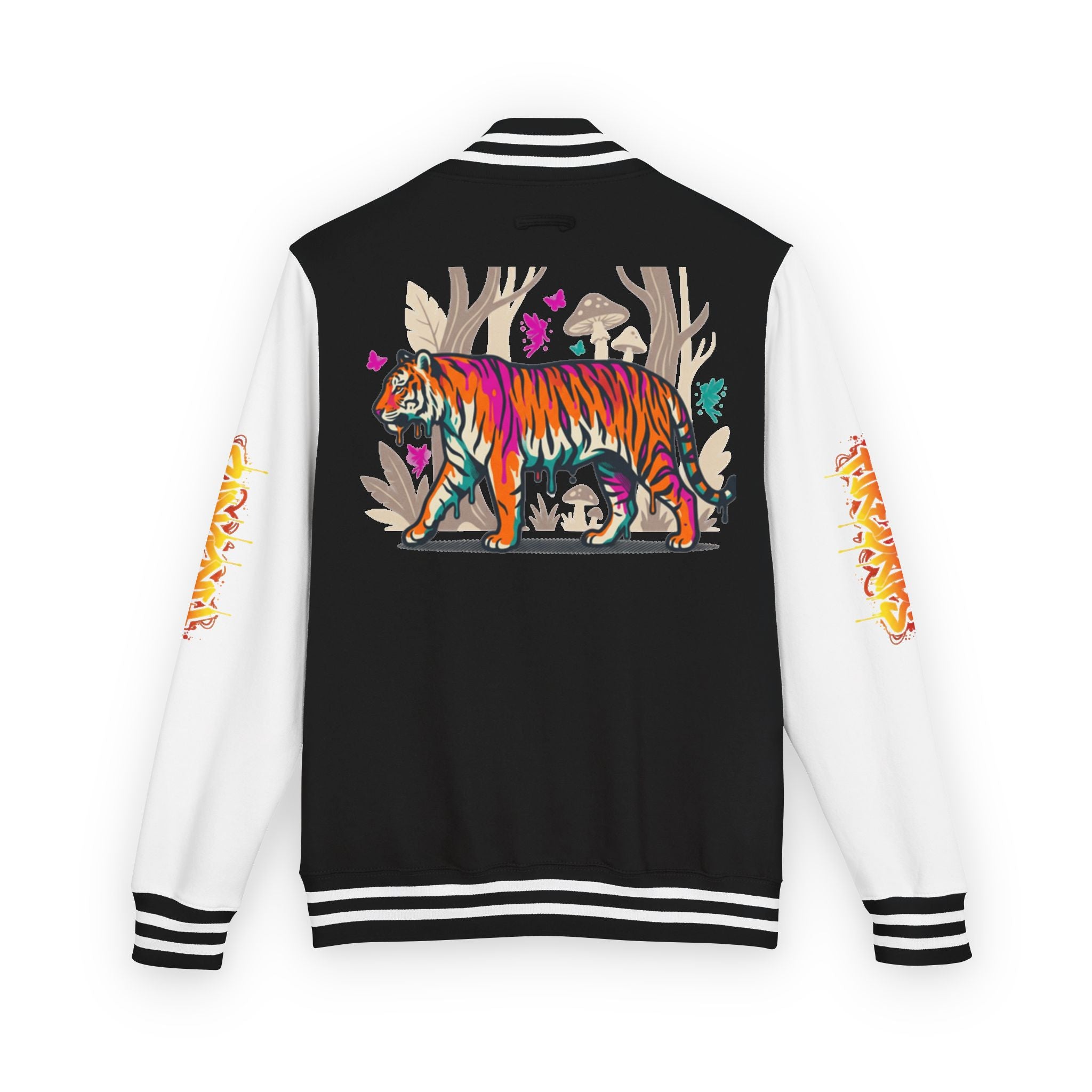 FireDrips Ember Tiger Letterman Jacket — Heavyweight Varsity Jacket, Tiger & Flame Art, 11 Colors, Sizes S–3XL