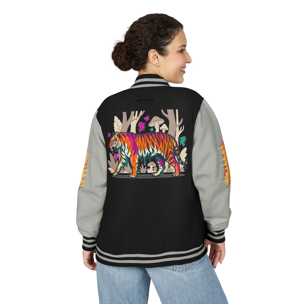 FireDrips Ember Tiger Letterman Jacket — Heavyweight Varsity Jacket, Tiger & Flame Art, 11 Colors, Sizes S–3XL