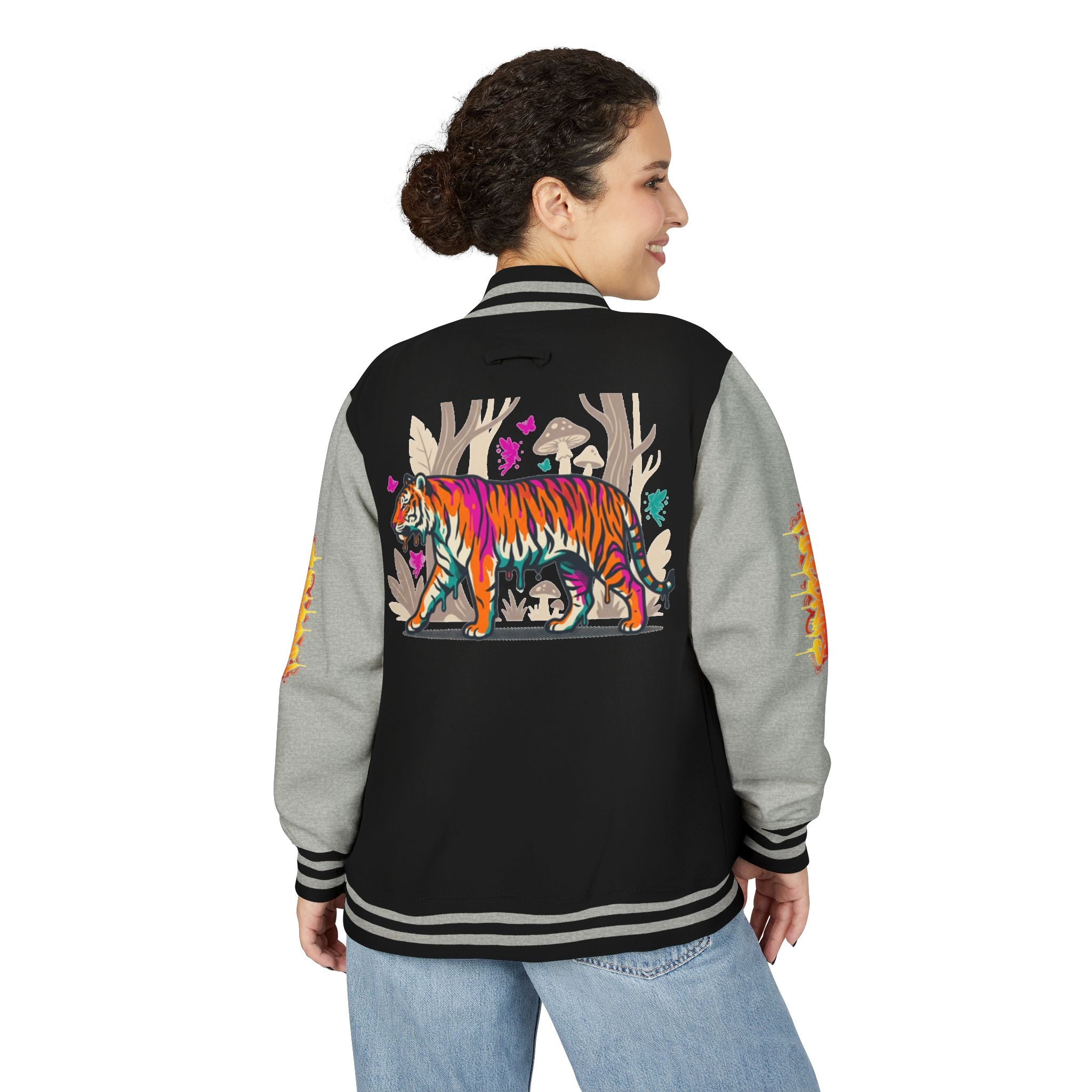 FireDrips Ember Tiger Letterman Jacket — Heavyweight Varsity Jacket, Tiger & Flame Art, 11 Colors, Sizes S–3XL