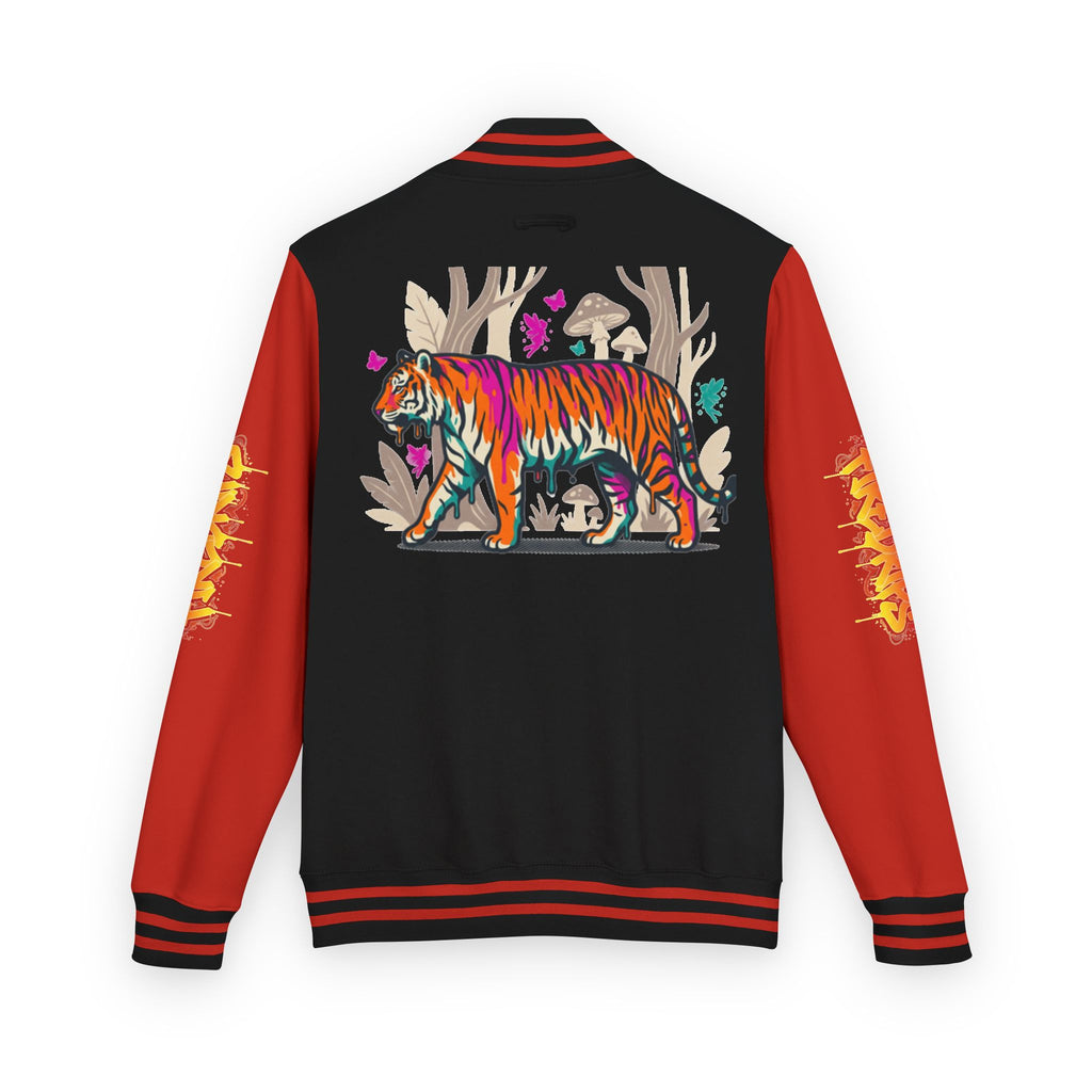 FireDrips Ember Tiger Letterman Jacket — Heavyweight Varsity Jacket, Tiger & Flame Art, 11 Colors, Sizes S–3XL