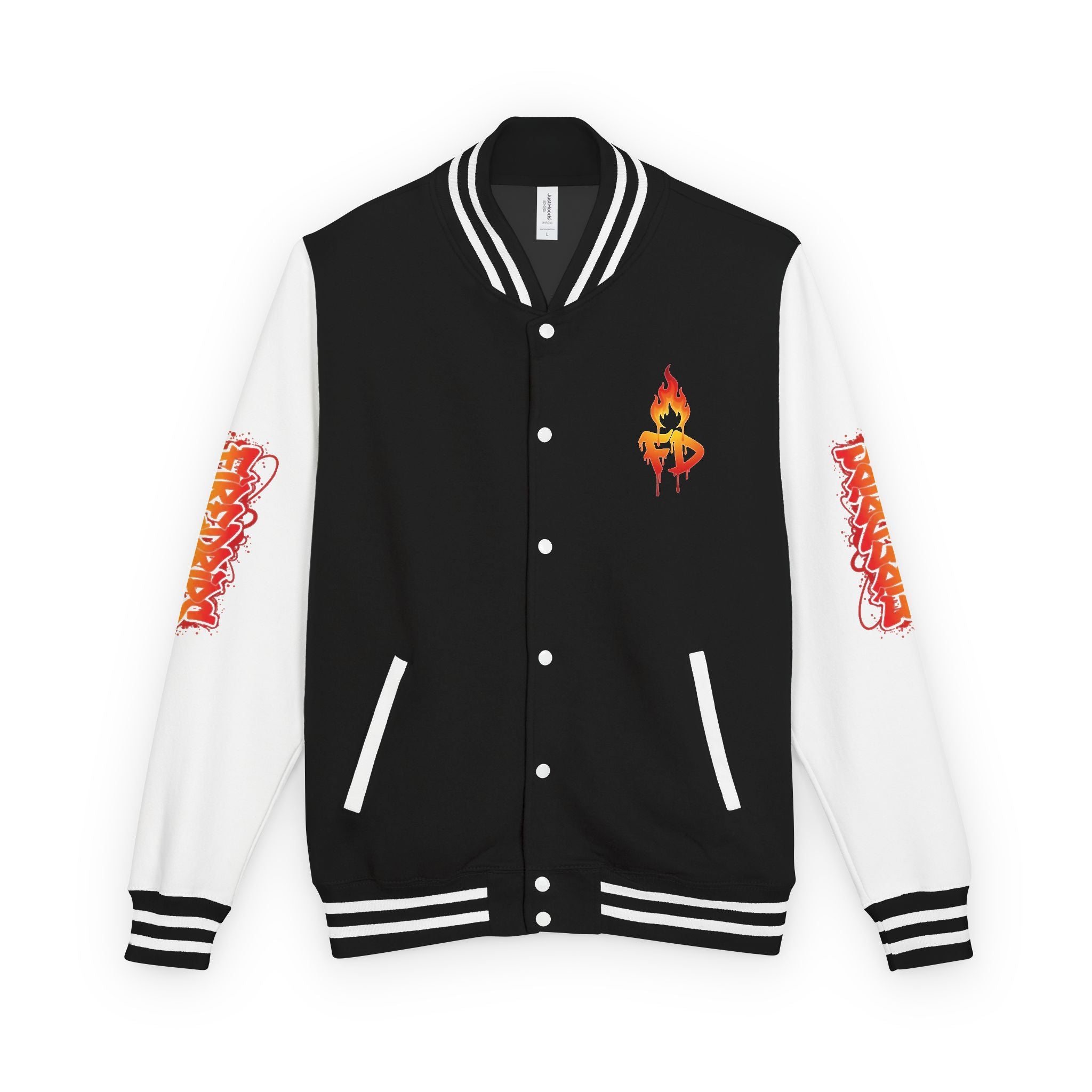 FireDrips Ember Tiger Letterman Jacket — Heavyweight Varsity Jacket, Tiger & Flame Art, 11 Colors, Sizes S–3XL