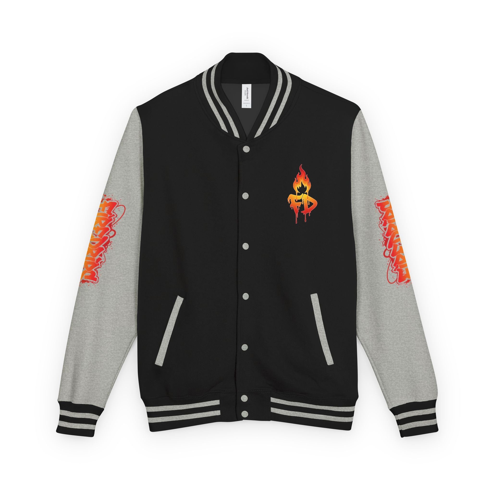 FireDrips Ember Tiger Letterman Jacket — Heavyweight Varsity Jacket, Tiger & Flame Art, 11 Colors, Sizes S–3XL
