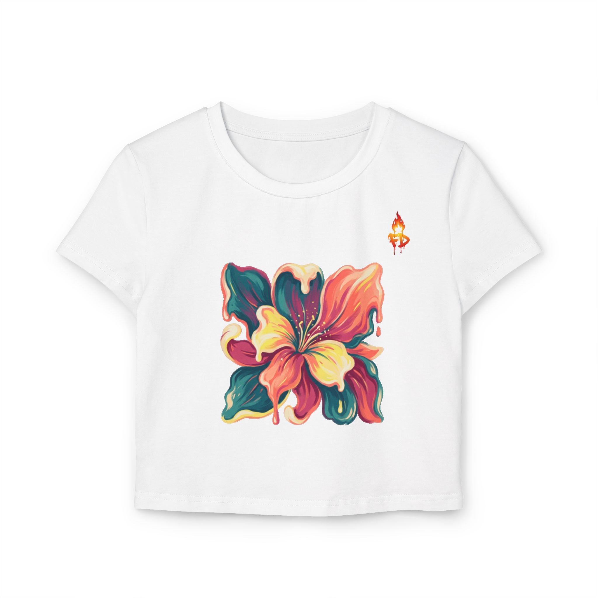 FireDrips Hibiscus Crop Tee — Watercolor Floral Baby Tee | Slim Cropped Organic Cotton Women's Streetwear