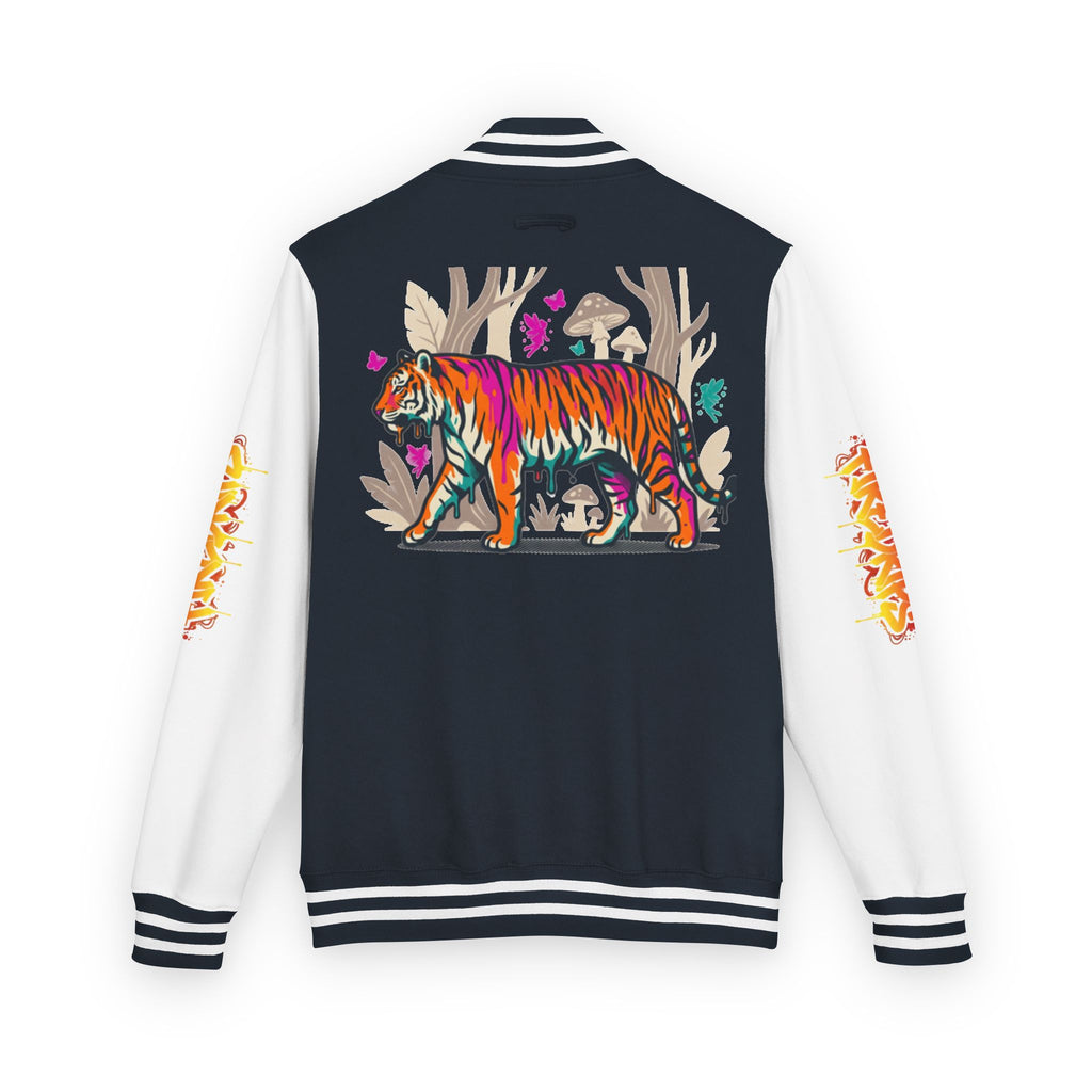 FireDrips Ember Tiger Letterman Jacket — Heavyweight Varsity Jacket, Tiger & Flame Art, 11 Colors, Sizes S–3XL