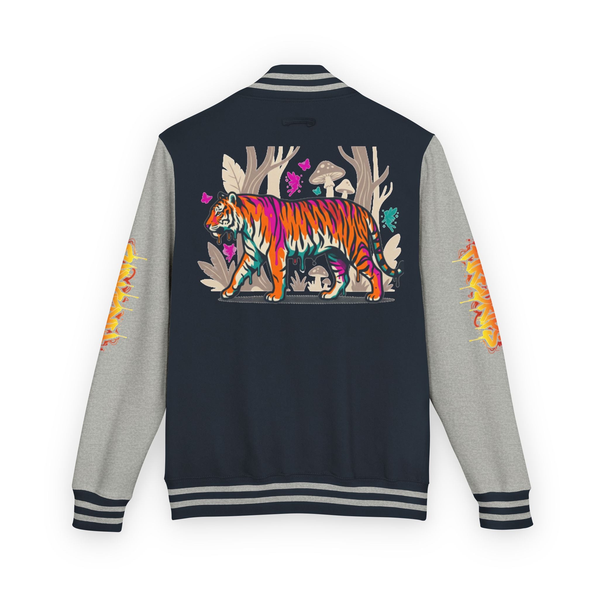 FireDrips Ember Tiger Letterman Jacket — Heavyweight Varsity Jacket, Tiger & Flame Art, 11 Colors, Sizes S–3XL