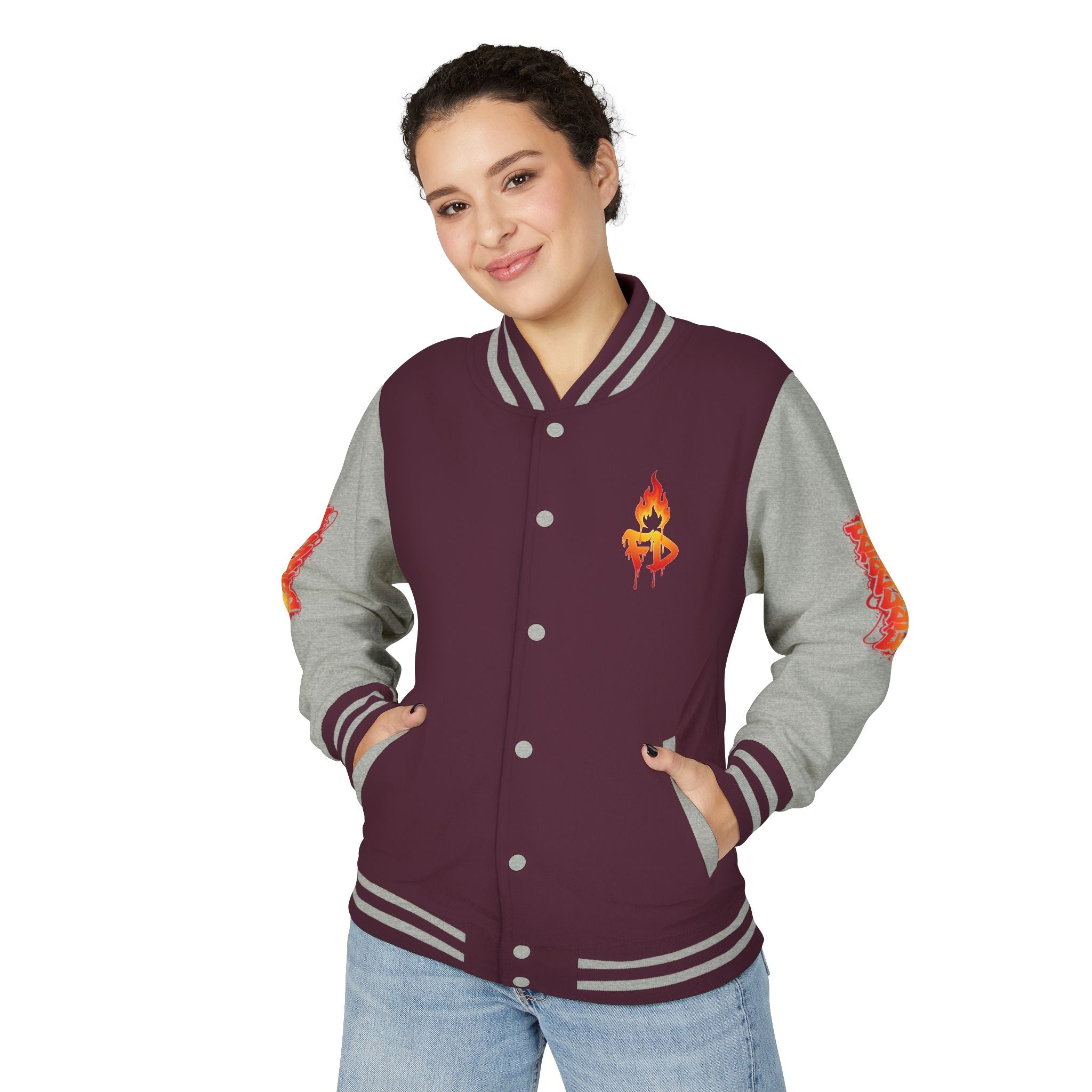 FireDrips Ember Tiger Letterman Jacket — Heavyweight Varsity Jacket, Tiger & Flame Art, 11 Colors, Sizes S–3XL