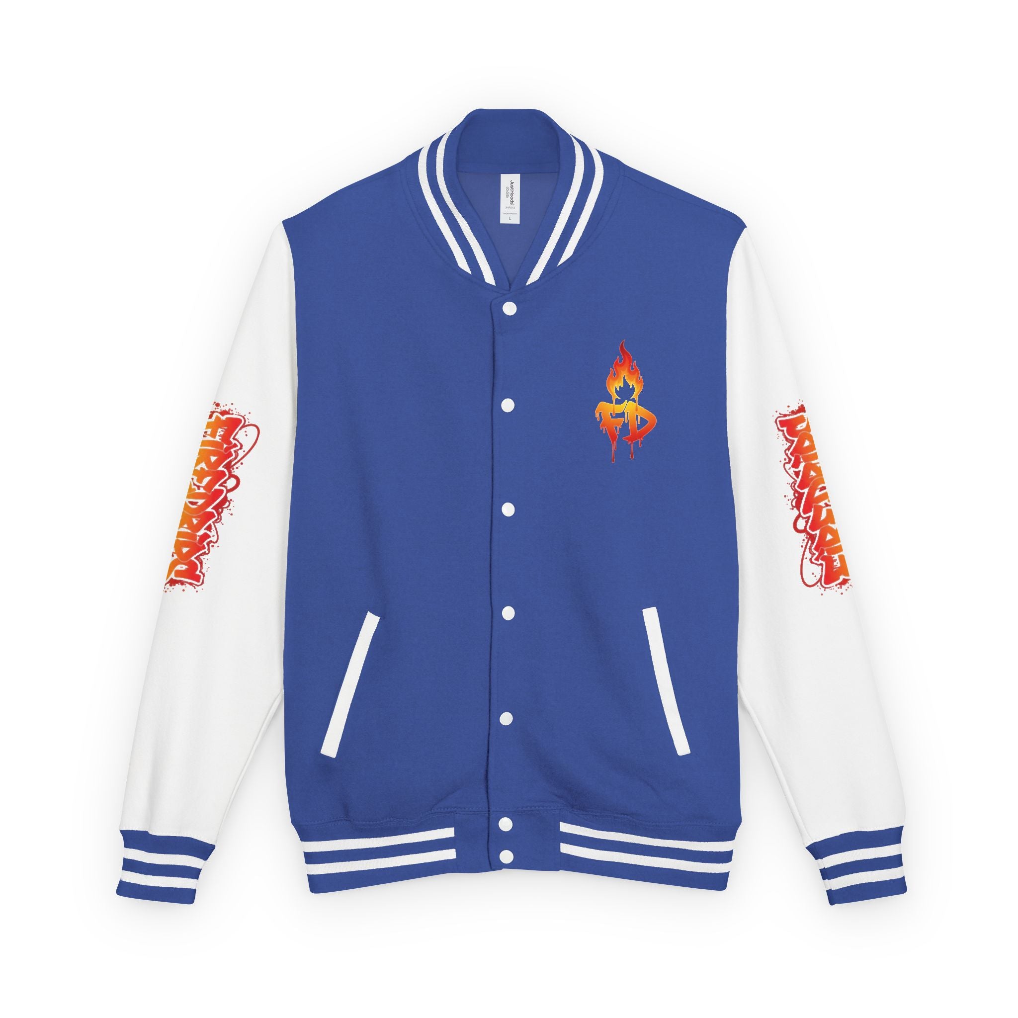 FireDrips Ember Tiger Letterman Jacket — Heavyweight Varsity Jacket, Tiger & Flame Art, 11 Colors, Sizes S–3XL