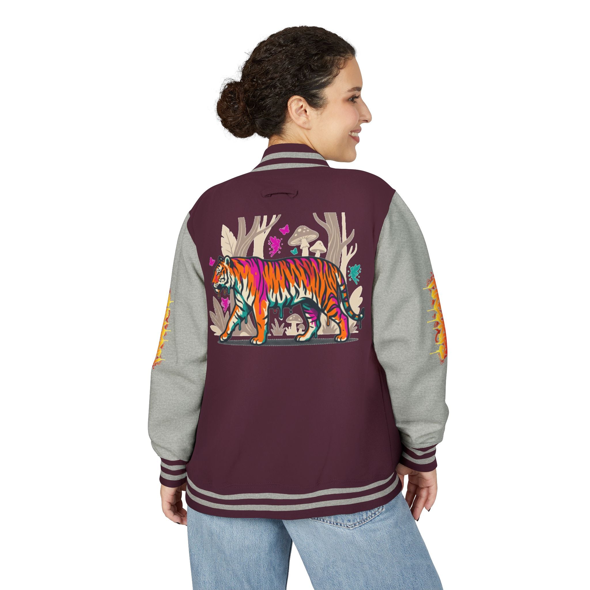 FireDrips Ember Tiger Letterman Jacket — Heavyweight Varsity Jacket, Tiger & Flame Art, 11 Colors, Sizes S–3XL