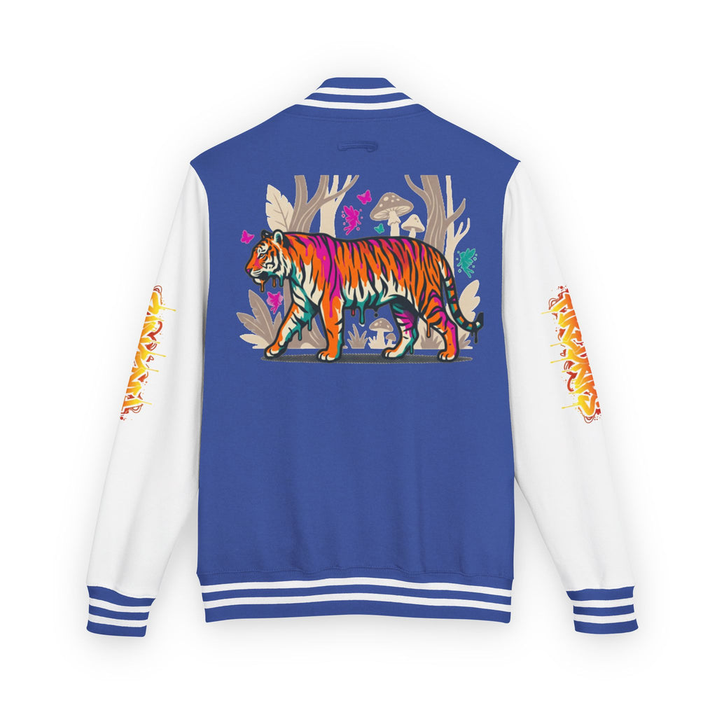 FireDrips Ember Tiger Letterman Jacket — Heavyweight Varsity Jacket, Tiger & Flame Art, 11 Colors, Sizes S–3XL