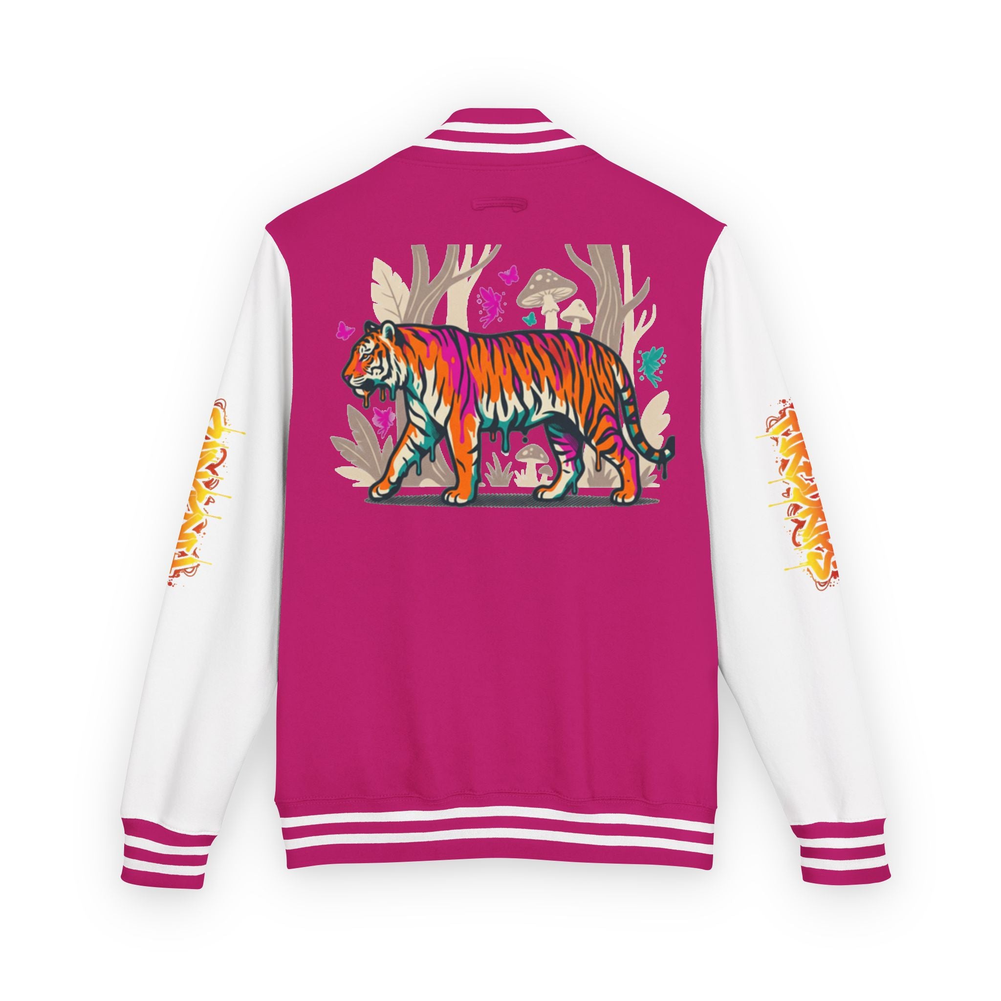FireDrips Ember Tiger Letterman Jacket — Heavyweight Varsity Jacket, Tiger & Flame Art, 11 Colors, Sizes S–3XL