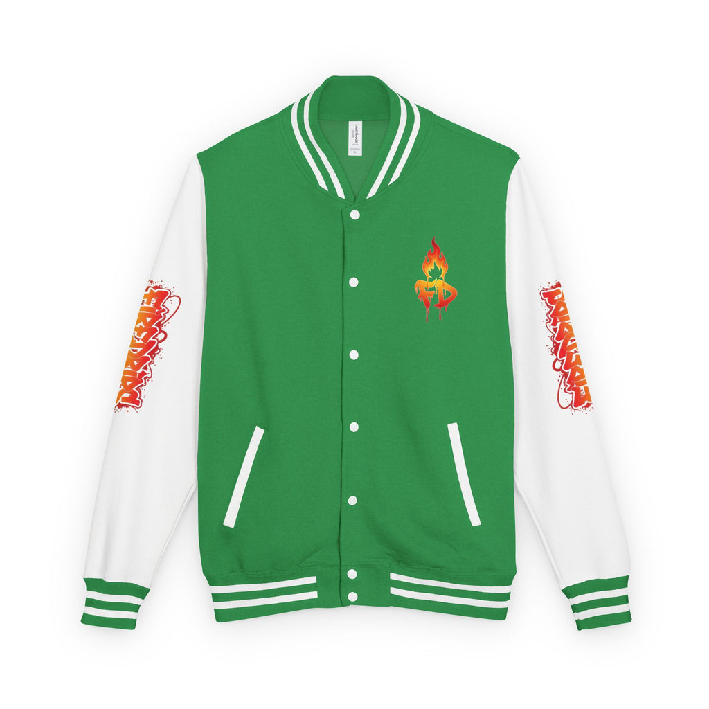 FireDrips Ember Tiger Letterman Jacket — Heavyweight Varsity Jacket, Tiger & Flame Art, 11 Colors, Sizes S–3XL