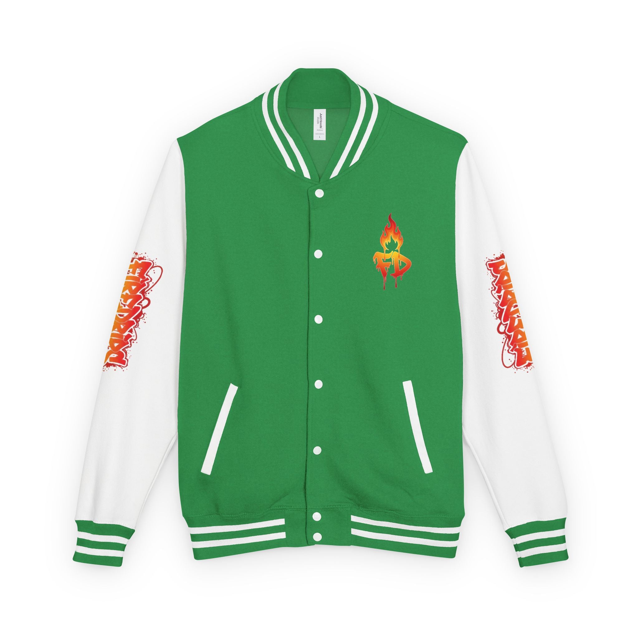 FireDrips Ember Tiger Letterman Jacket — Heavyweight Varsity Jacket, Tiger & Flame Art, 11 Colors, Sizes S–3XL
