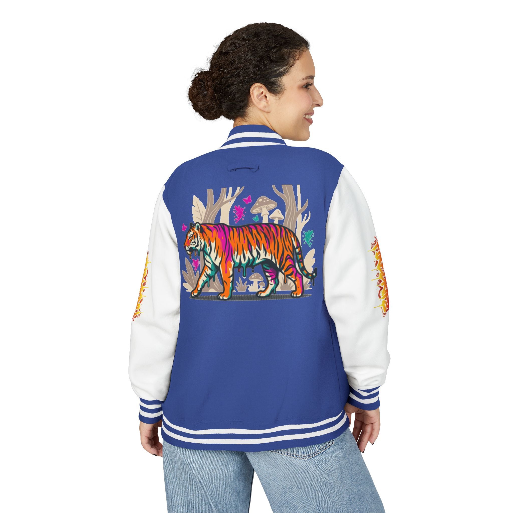 FireDrips Ember Tiger Letterman Jacket — Heavyweight Varsity Jacket, Tiger & Flame Art, 11 Colors, Sizes S–3XL