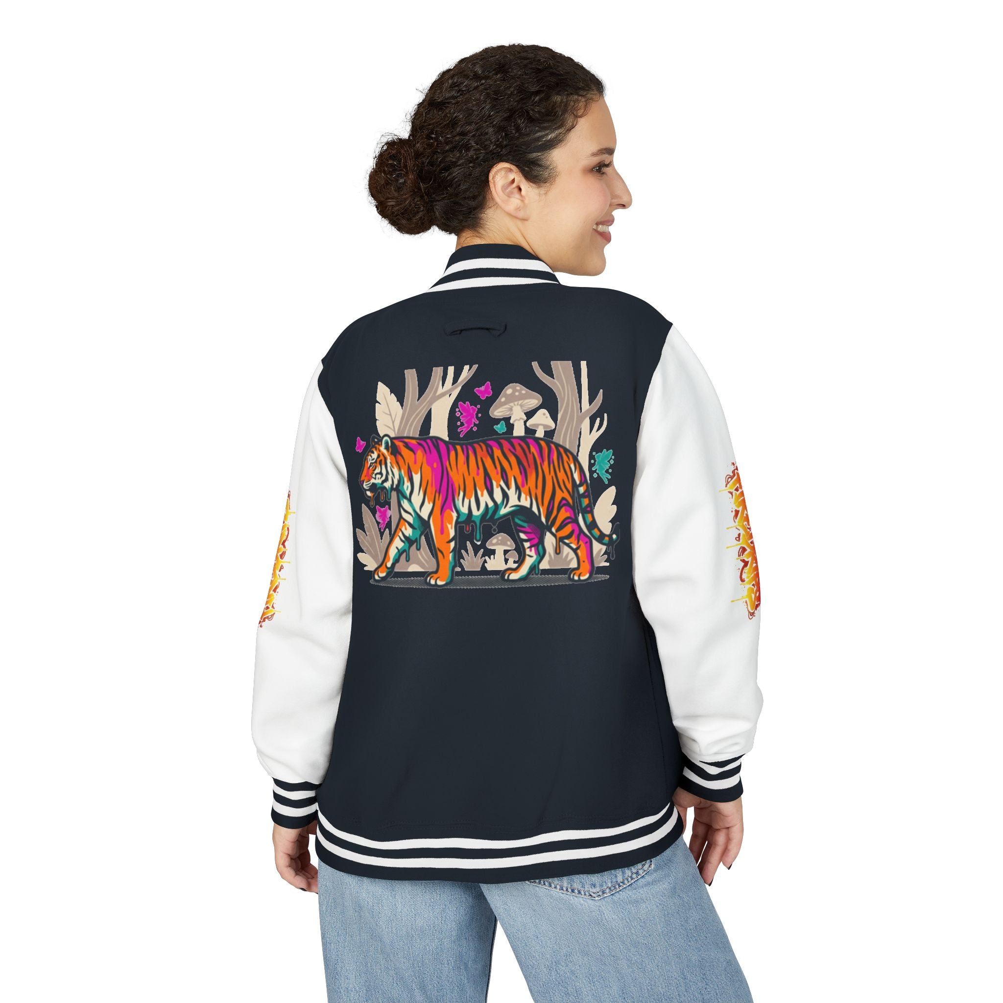 FireDrips Ember Tiger Letterman Jacket — Heavyweight Varsity Jacket, Tiger & Flame Art, 11 Colors, Sizes S–3XL