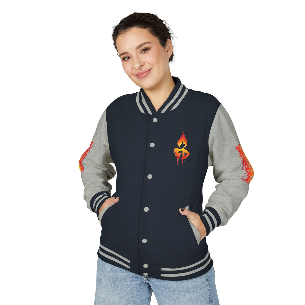 FireDrips Ember Tiger Letterman Jacket — Heavyweight Varsity Jacket, Tiger & Flame Art, 11 Colors, Sizes S–3XL