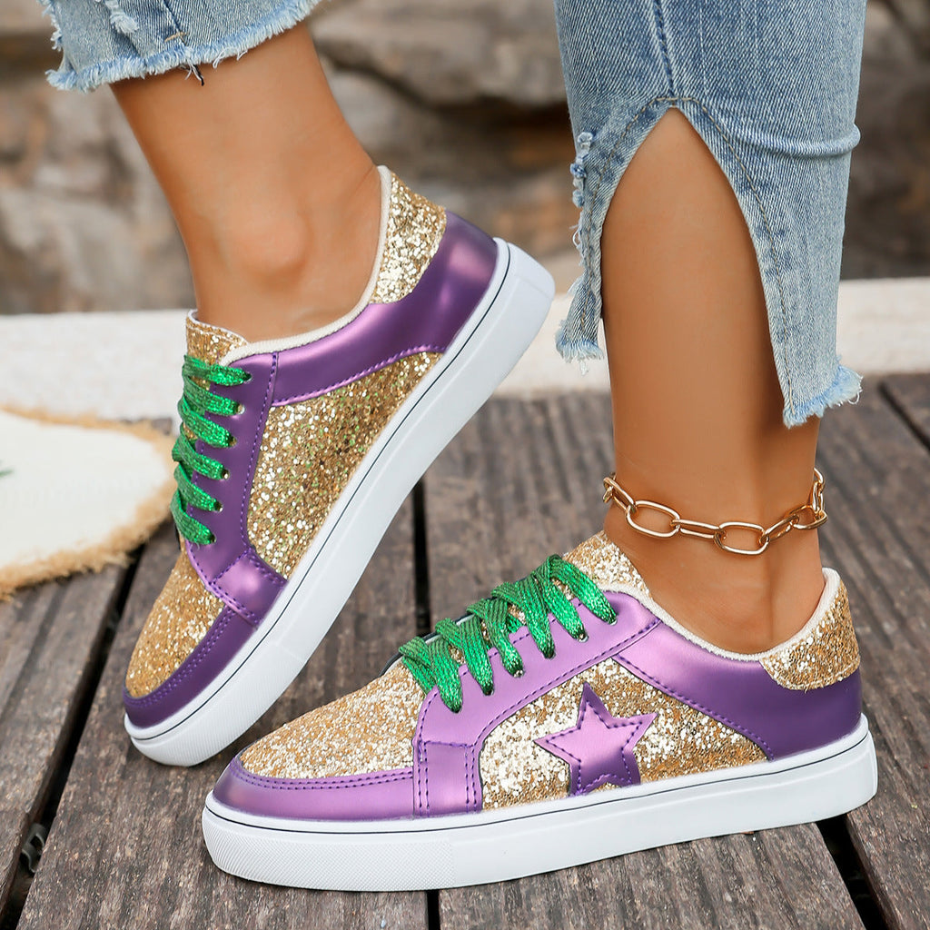 Women's Sequin Platform Sneakers — Chunky Lace-Up Shoes, Purple Gold Sequin Detail, Sizes 36–43