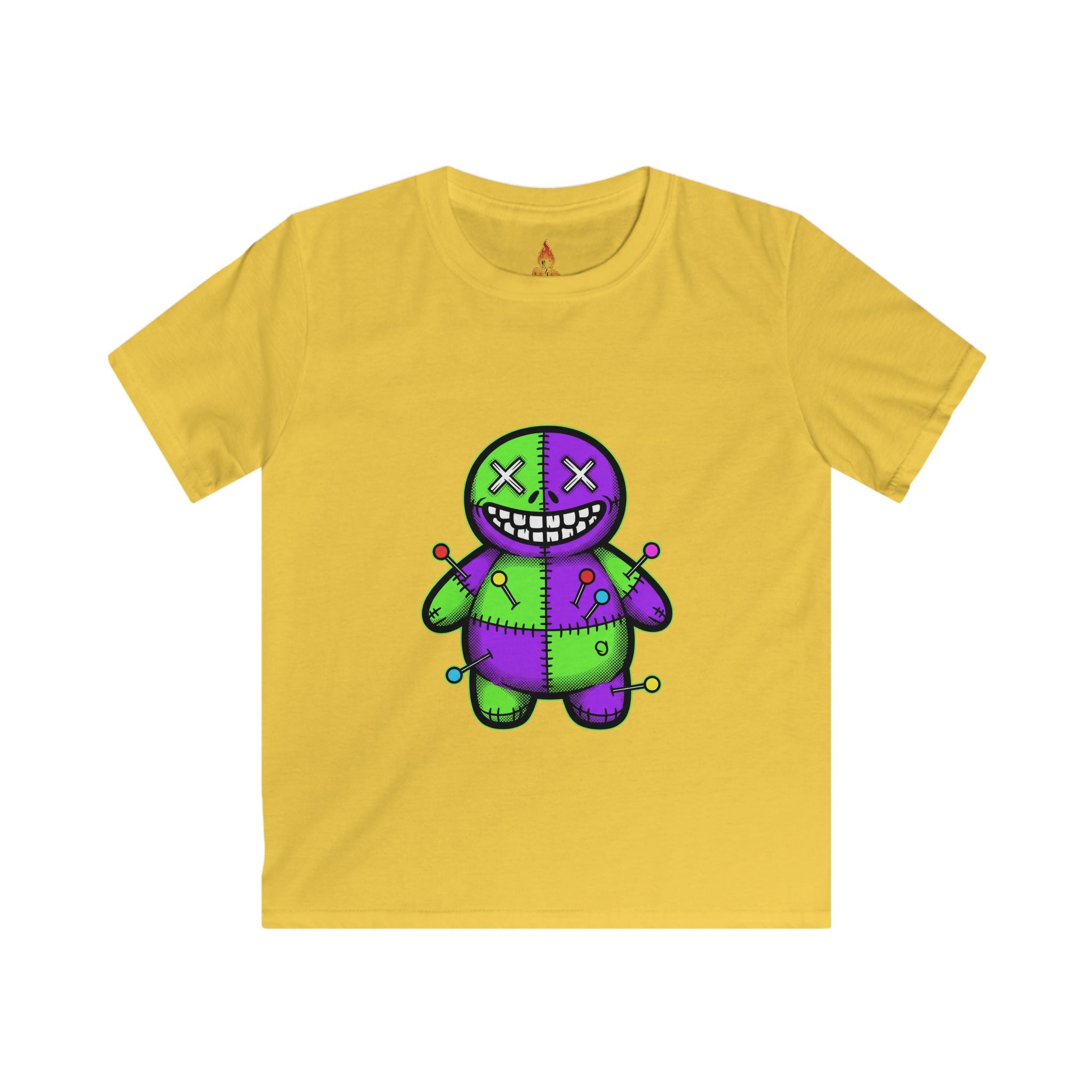 Kids T-Shirt — Colorful Creepy Voodoo Doll Graphic Tee (Green & Purple)
