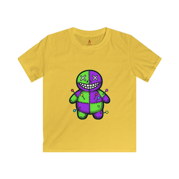 Kids T-Shirt — Colorful Creepy Voodoo Doll Graphic Tee (Green & Purple)