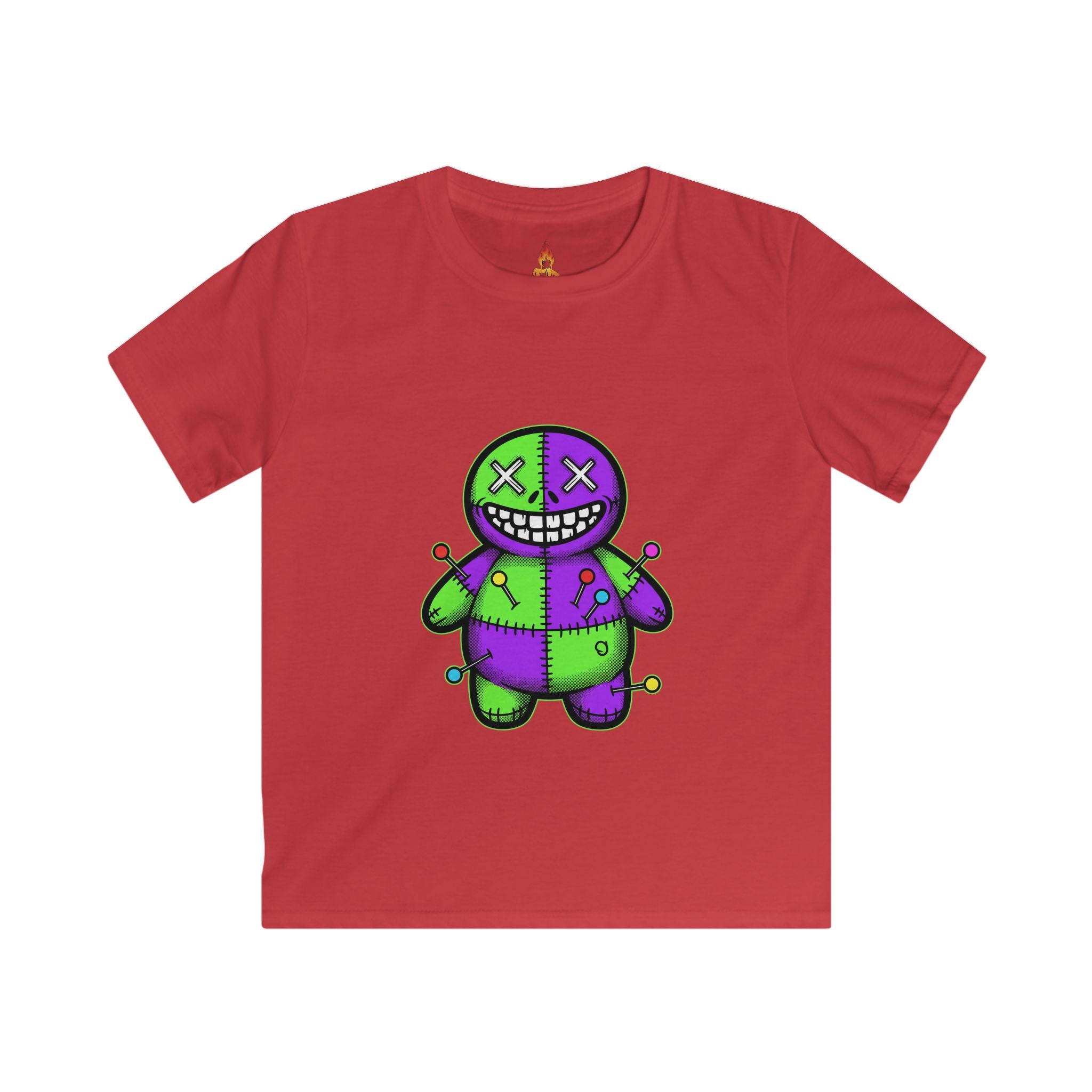Kids T-Shirt — Colorful Creepy Voodoo Doll Graphic Tee (Green & Purple)