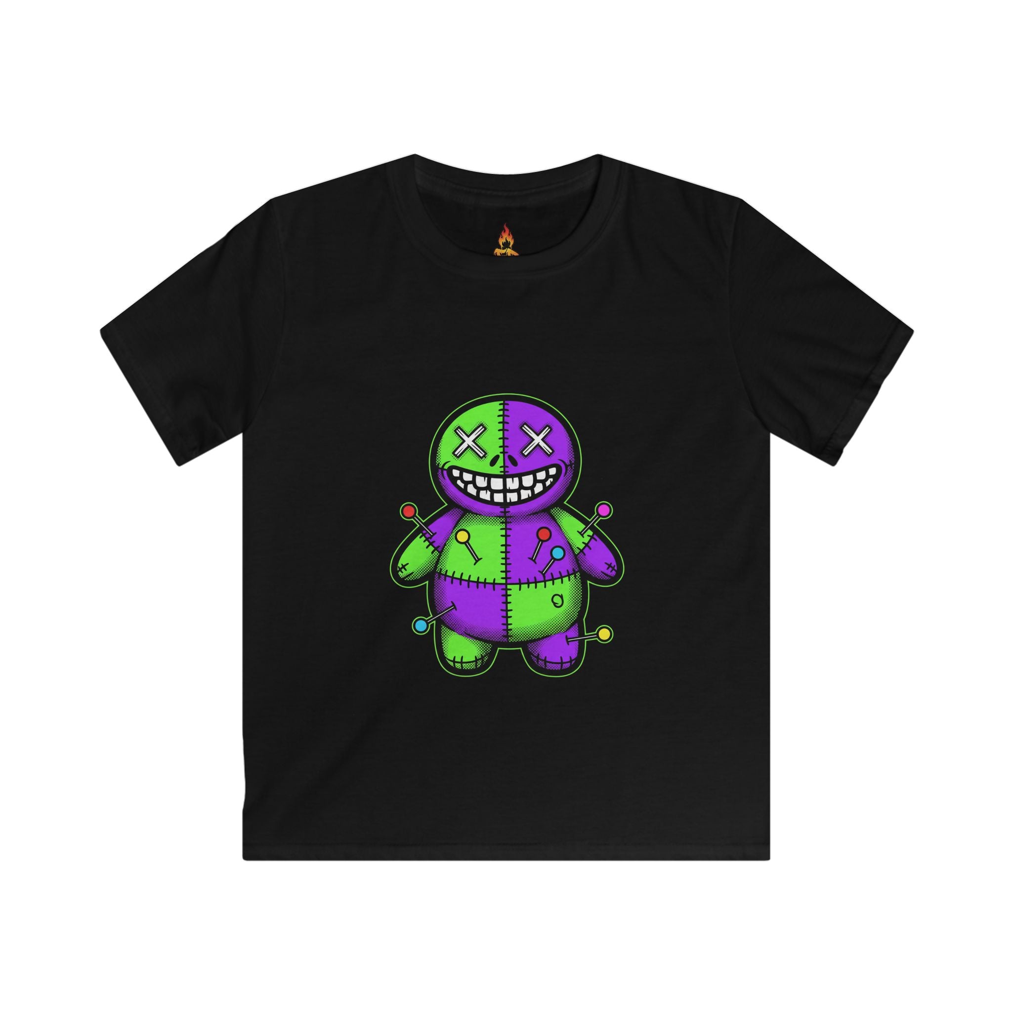 Kids T-Shirt — Colorful Creepy Voodoo Doll Graphic Tee (Green & Purple)