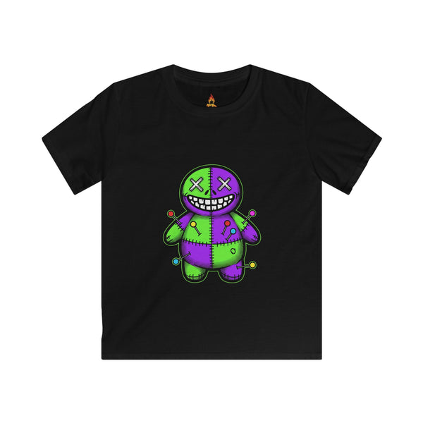 Kids T-Shirt — Colorful Creepy Voodoo Doll Graphic Tee (Green & Purple)