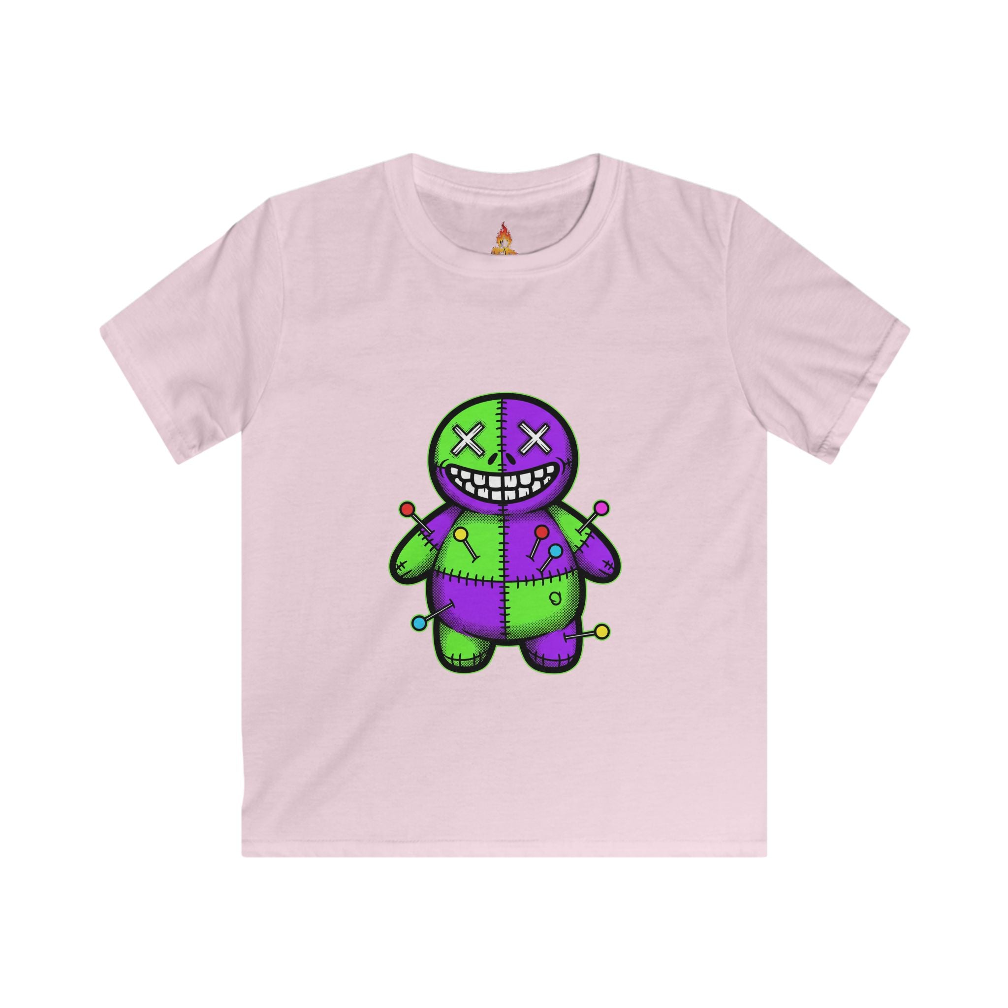 Kids T-Shirt — Colorful Creepy Voodoo Doll Graphic Tee (Green & Purple)