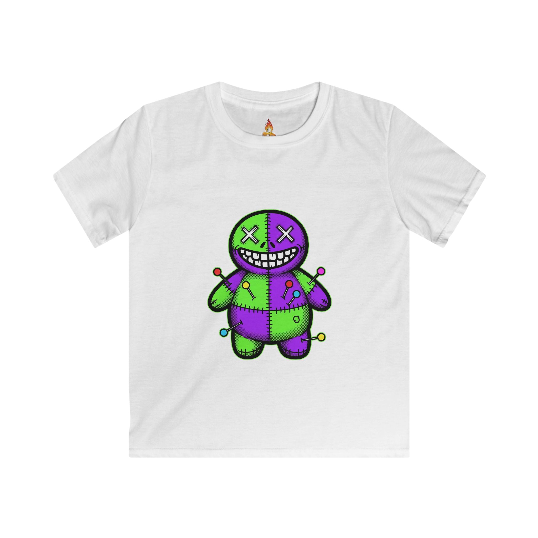 Kids T-Shirt — Colorful Creepy Voodoo Doll Graphic Tee (Green & Purple)