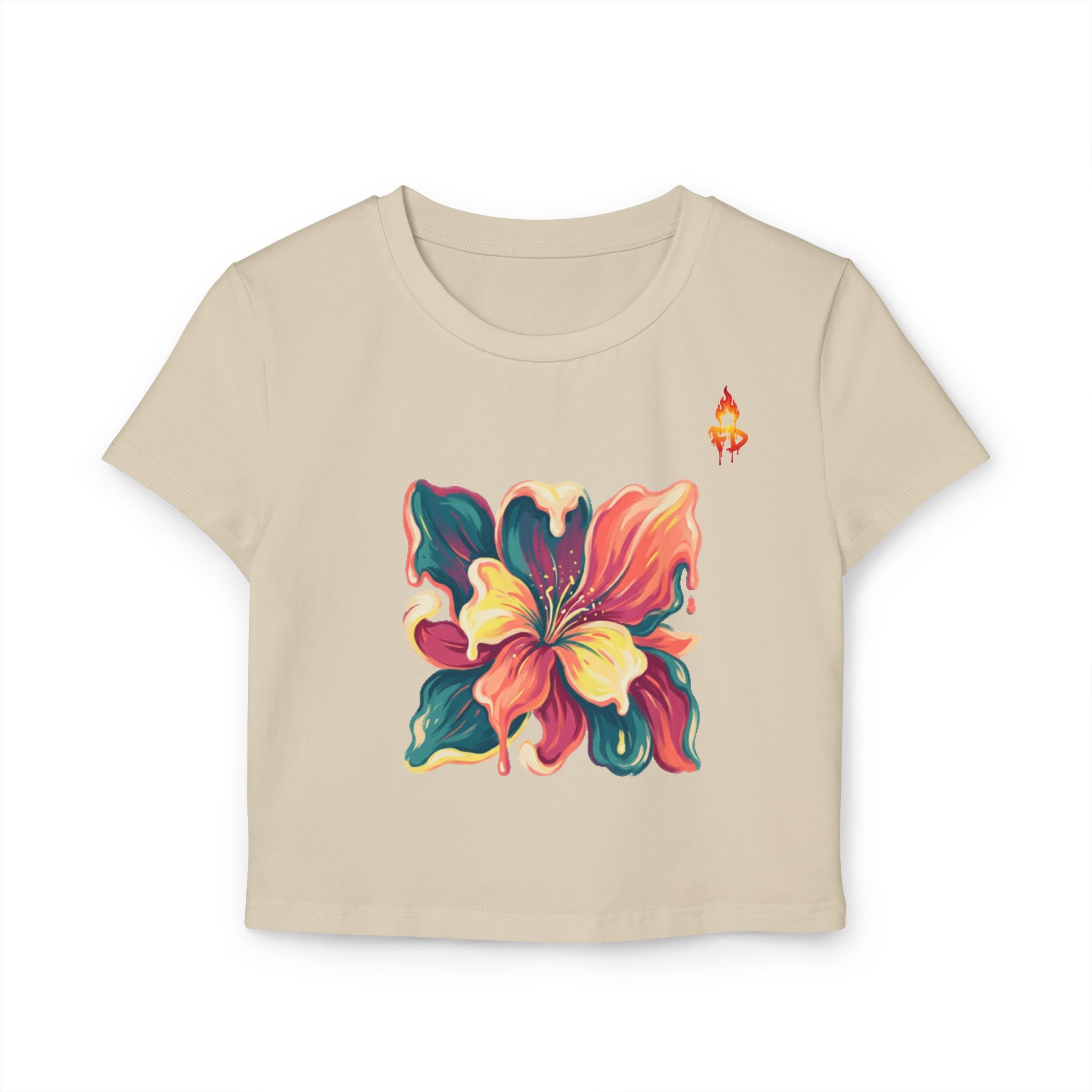 FireDrips Hibiscus Crop Tee — Watercolor Floral Baby Tee | Slim Cropped Organic Cotton Women's Streetwear