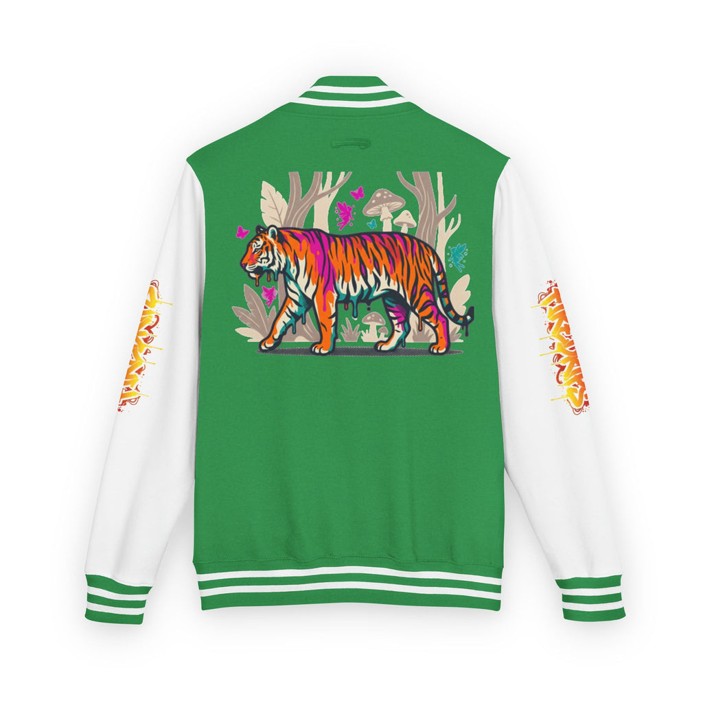 FireDrips Ember Tiger Letterman Jacket — Heavyweight Varsity Jacket, Tiger & Flame Art, 11 Colors, Sizes S–3XL