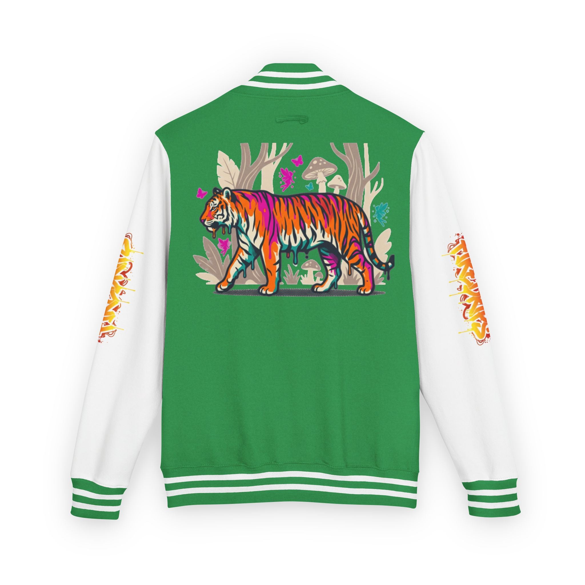 FireDrips Ember Tiger Letterman Jacket — Heavyweight Varsity Jacket, Tiger & Flame Art, 11 Colors, Sizes S–3XL
