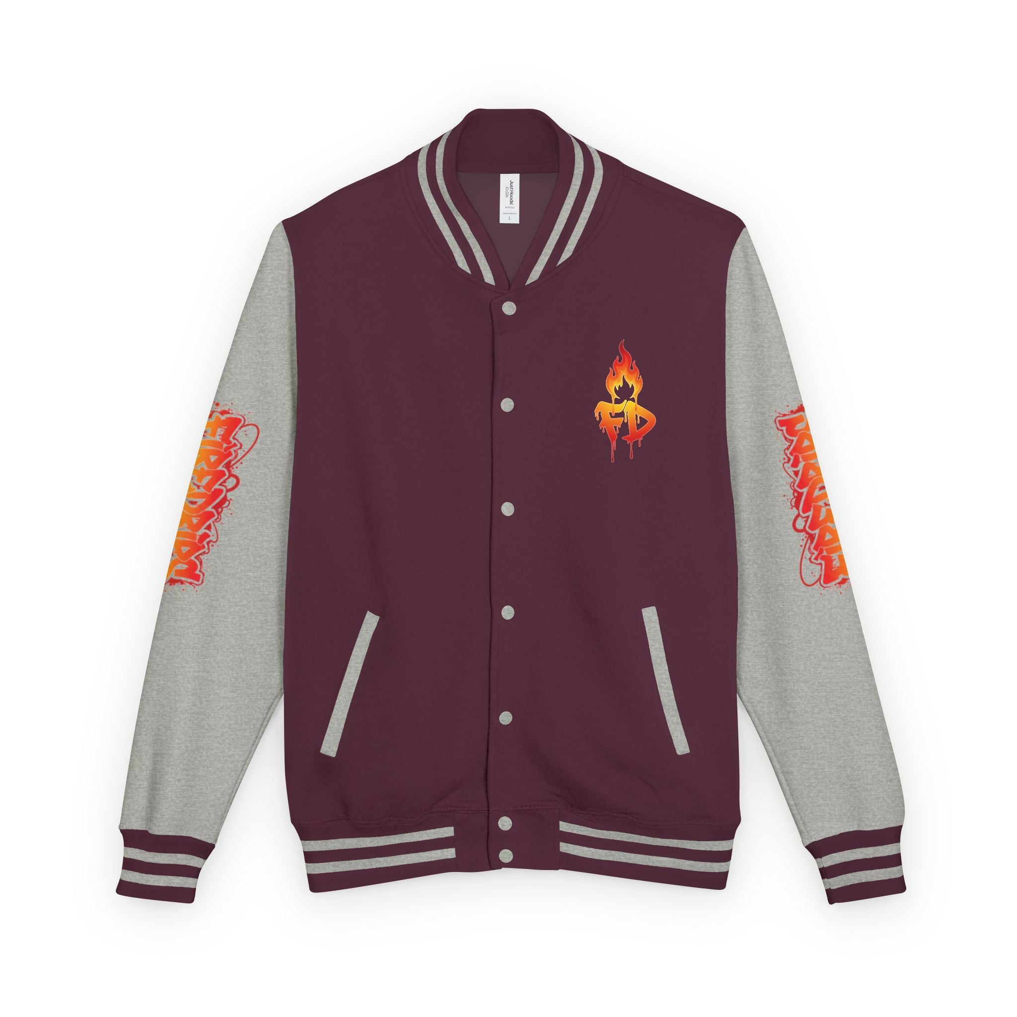 FireDrips Ember Tiger Letterman Jacket — Heavyweight Varsity Jacket, Tiger & Flame Art, 11 Colors, Sizes S–3XL