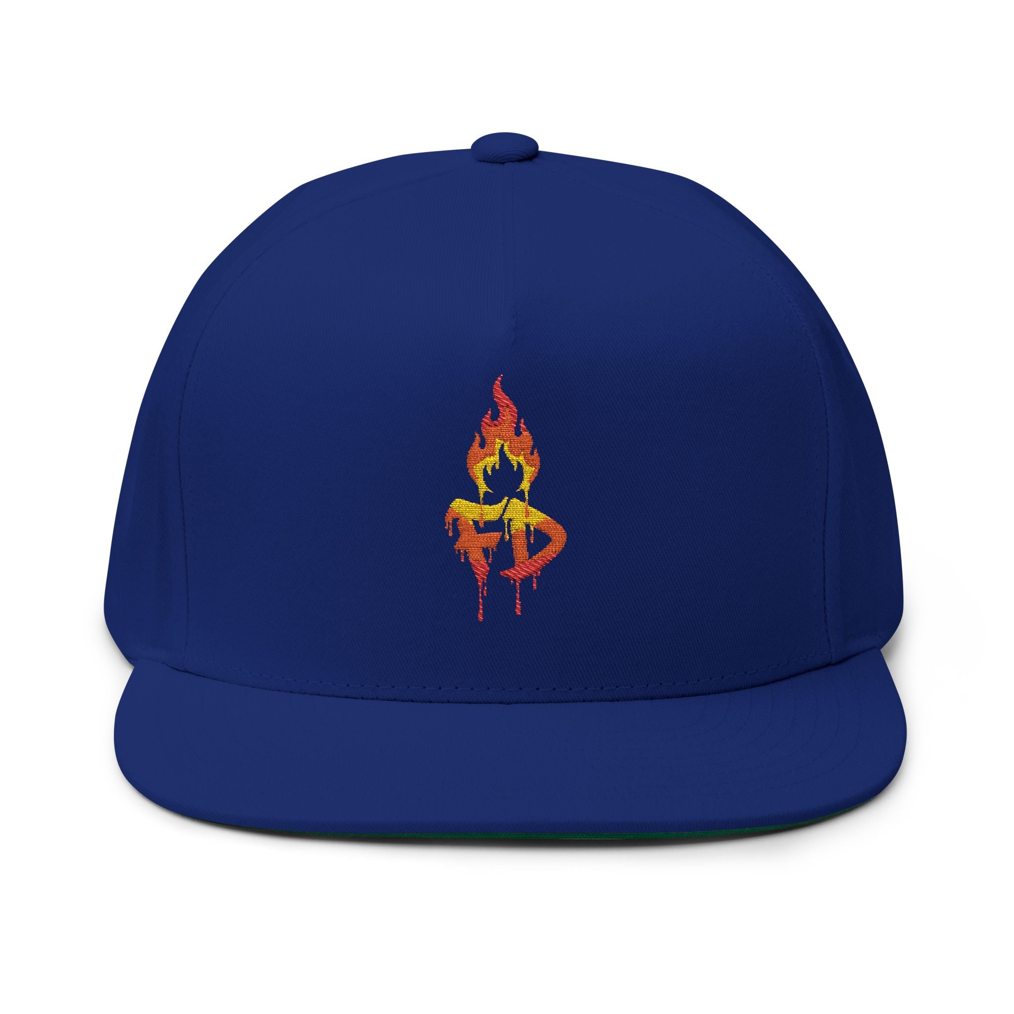 Flame FD Embroidered Flat Bill Snapback Cap — 100% Cotton Twill, Green Undervisor, 6 Colors | FireDrips