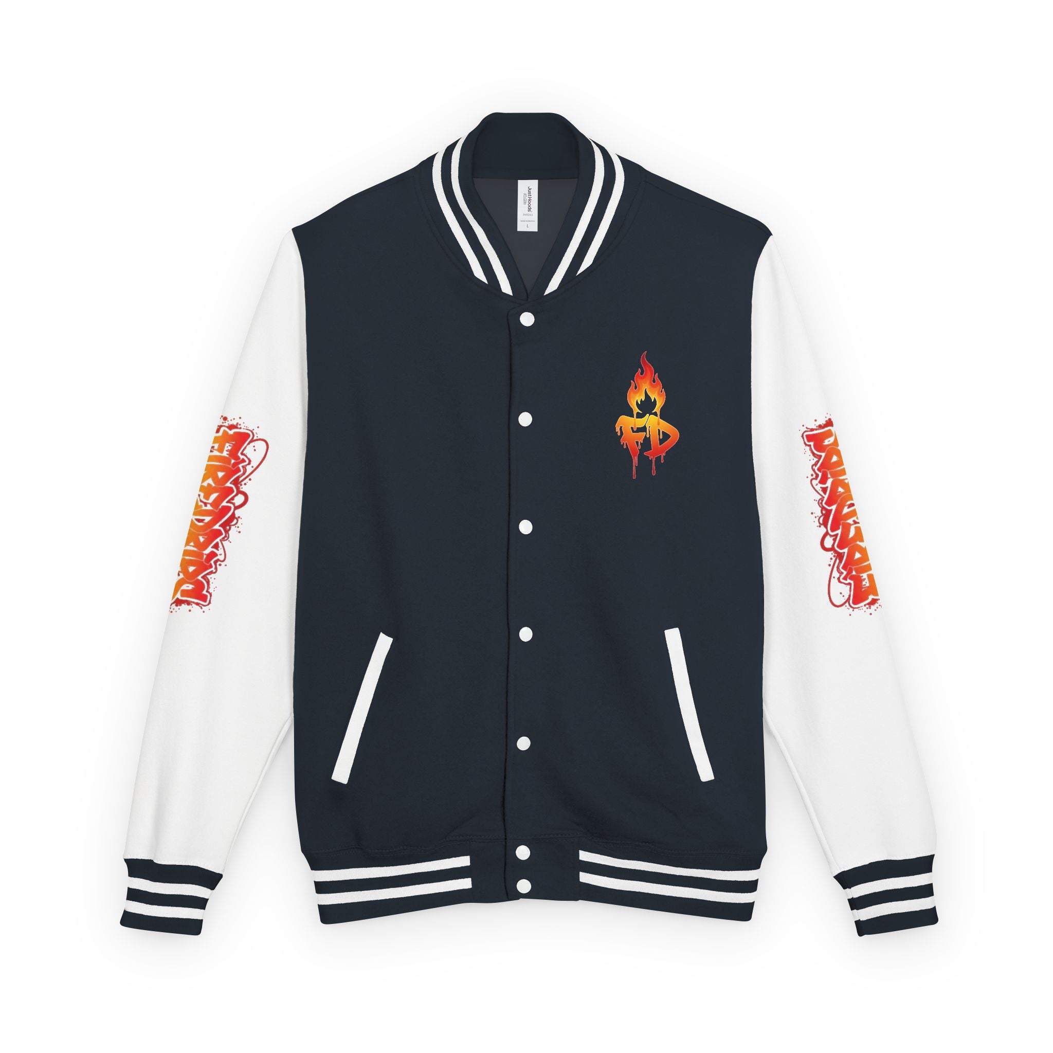 FireDrips Ember Tiger Letterman Jacket — Heavyweight Varsity Jacket, Tiger & Flame Art, 11 Colors, Sizes S–3XL
