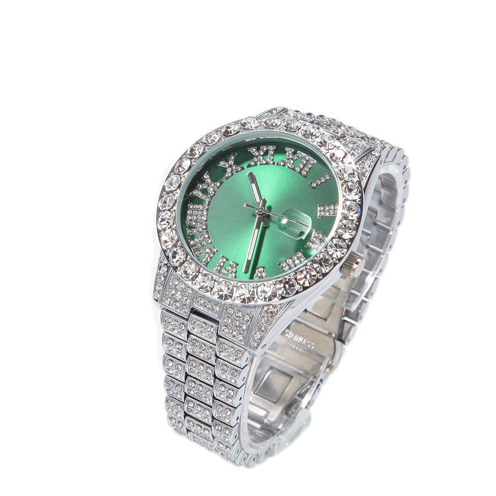 Hip-hop watch with Roman numerals and diamonds, large dial