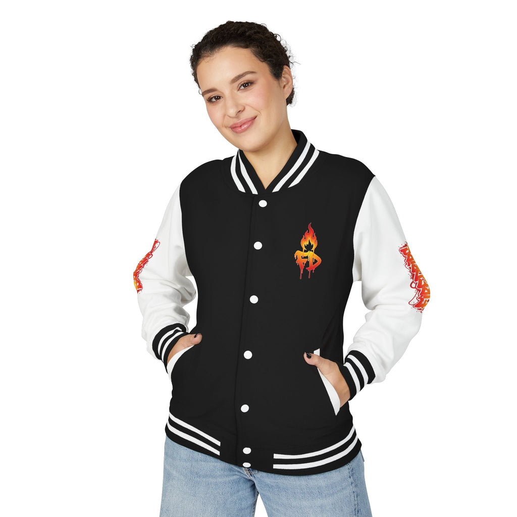 FireDrips Ember Tiger Letterman Jacket — Heavyweight Varsity Jacket, Tiger & Flame Art, 11 Colors, Sizes S–3XL