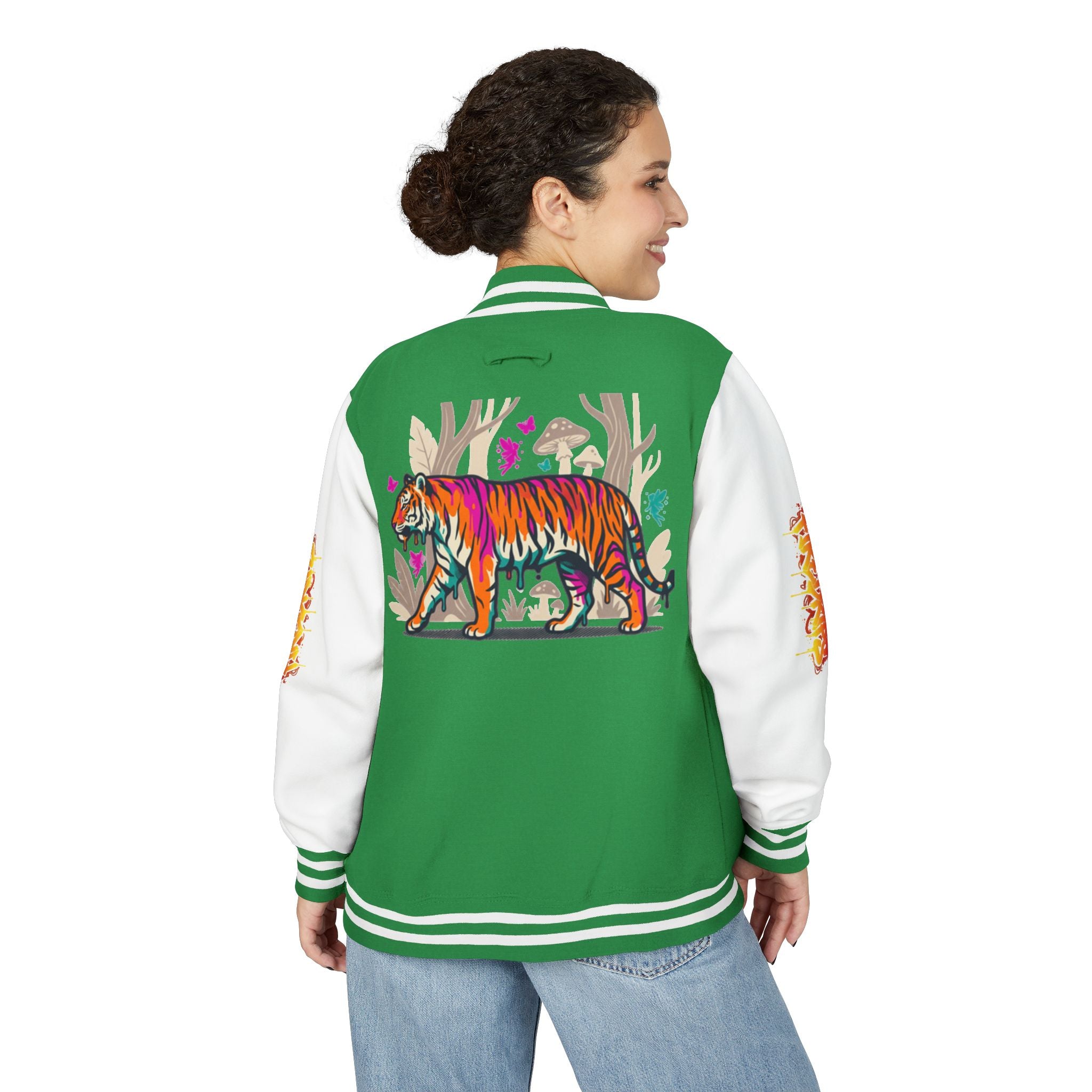 FireDrips Ember Tiger Letterman Jacket — Heavyweight Varsity Jacket, Tiger & Flame Art, 11 Colors, Sizes S–3XL